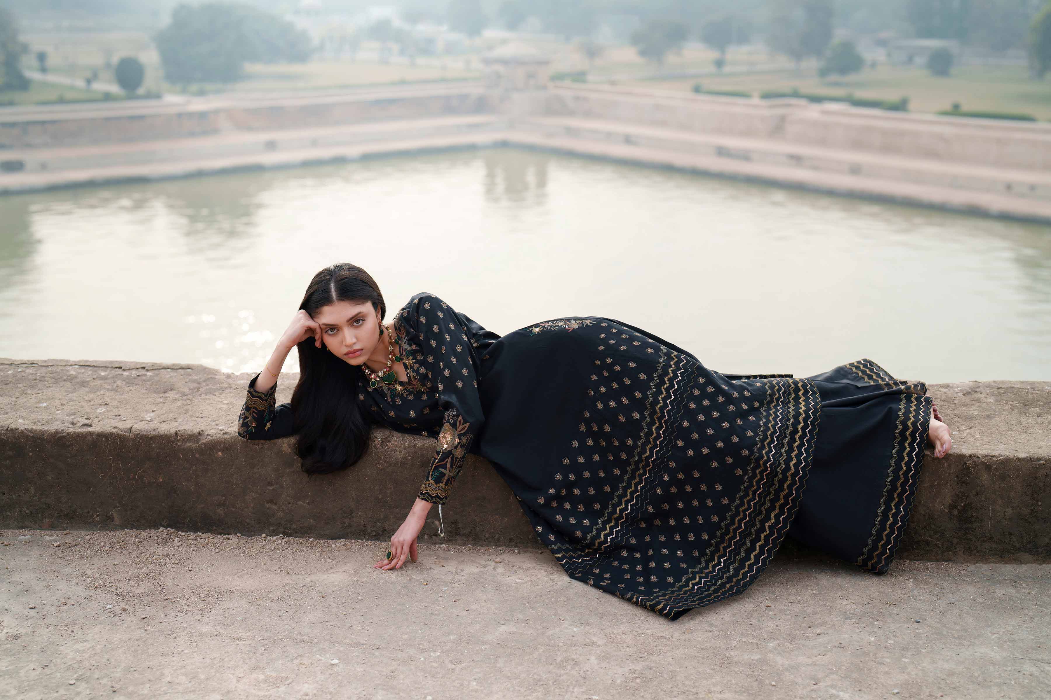 Nishat UK - Black Embroidered Cambric 2-piece ready to wear luxury Dress