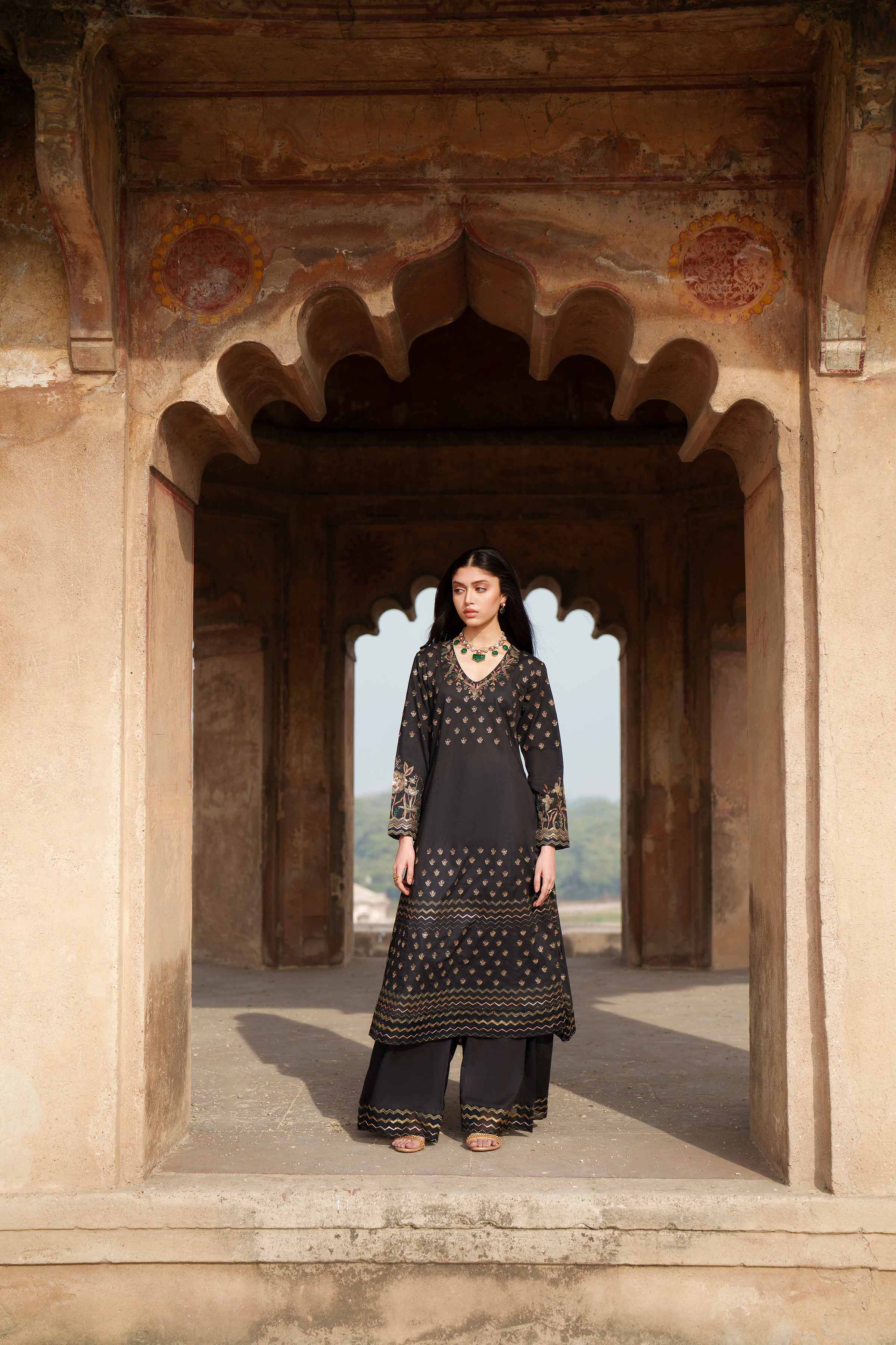 Nishat UK - Black Embroidered Cambric 2-piece ready to wear luxury Dress