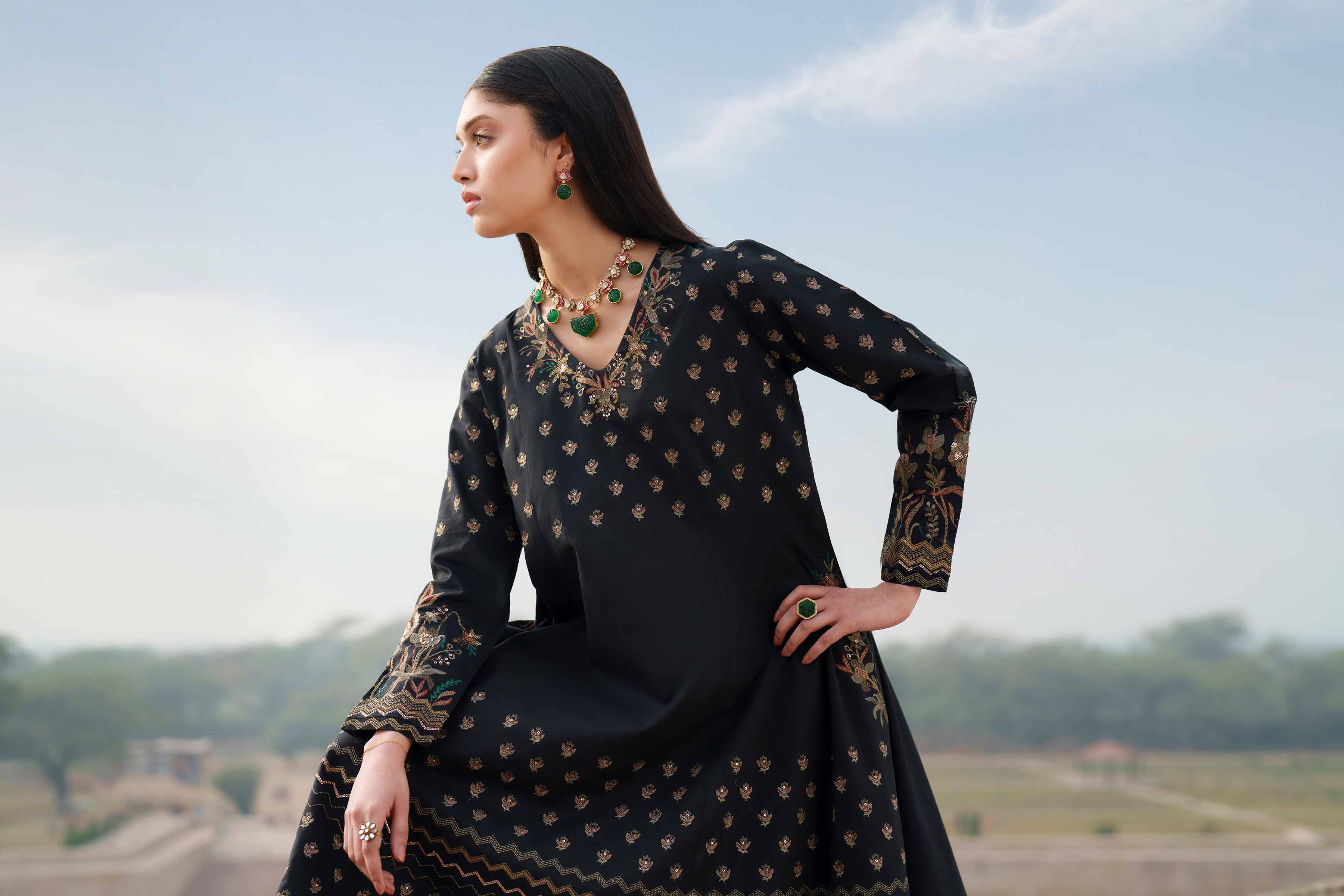 Nishat UK - Black Embroidered Cambric 2-piece ready to wear luxury Dress