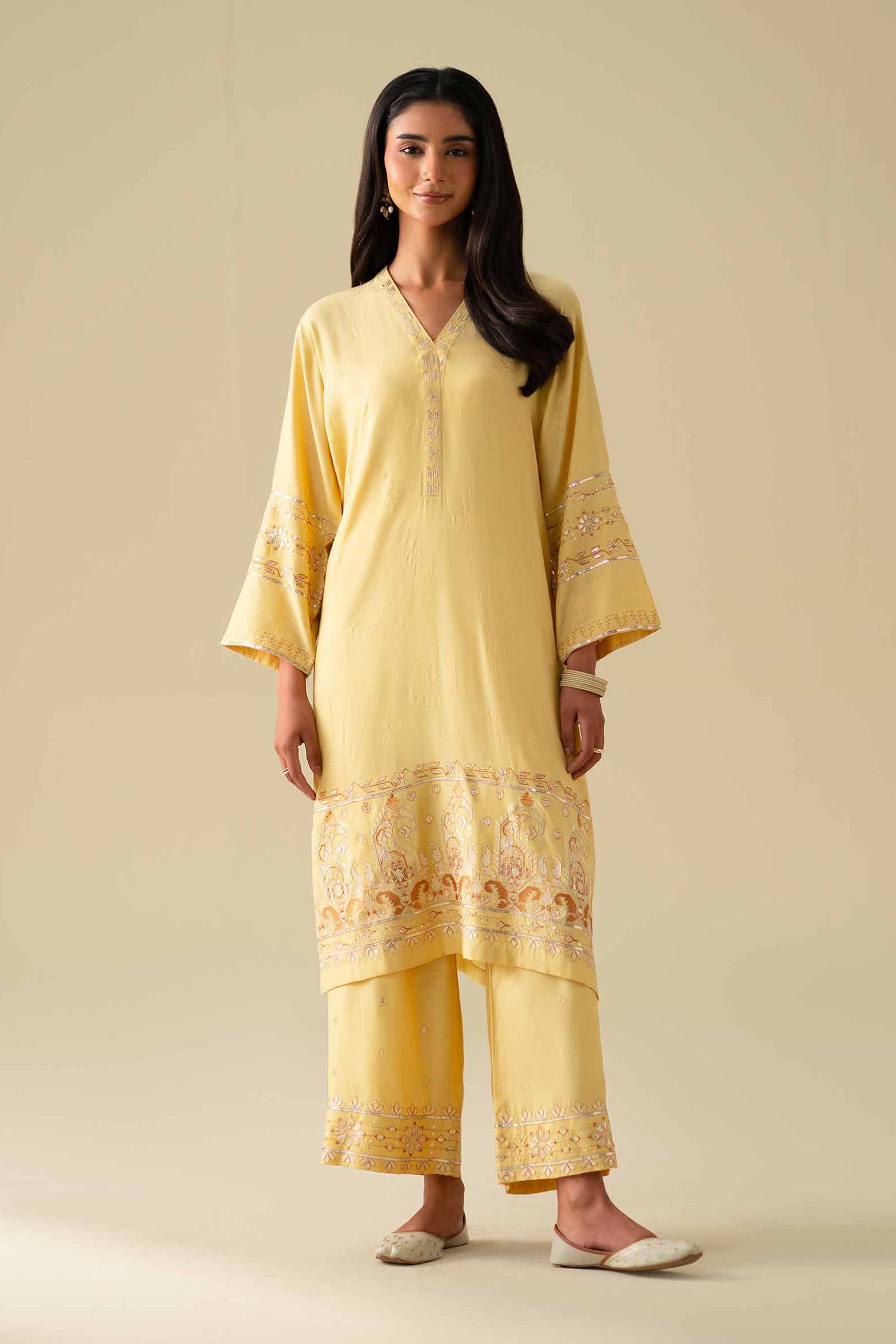 NishatUK - Yellow Embroidered Silk 2-piece ready to wear Dress