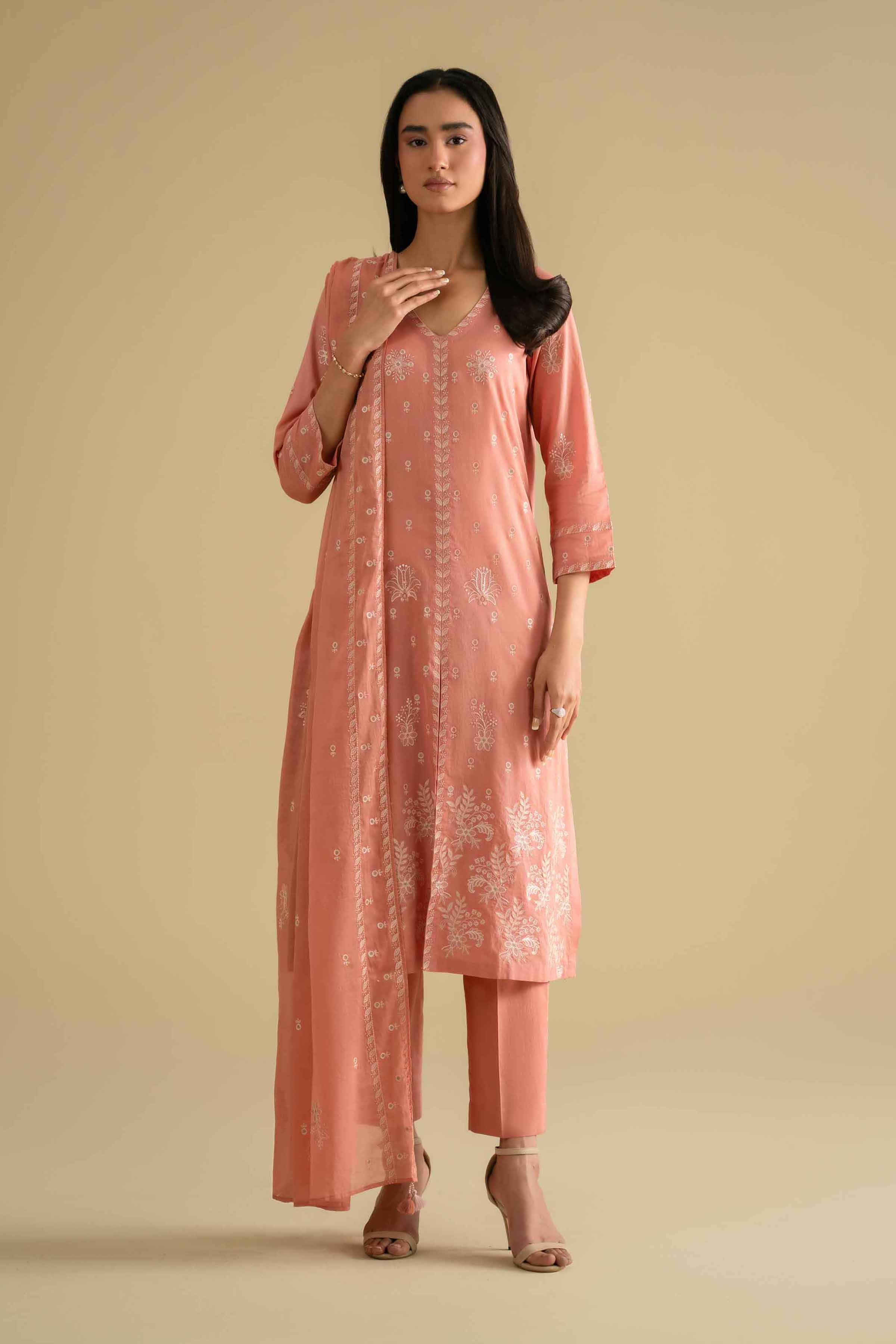 NishatUK - Orange Embroidered Cambric 3-piece ready to wear luxury Suit