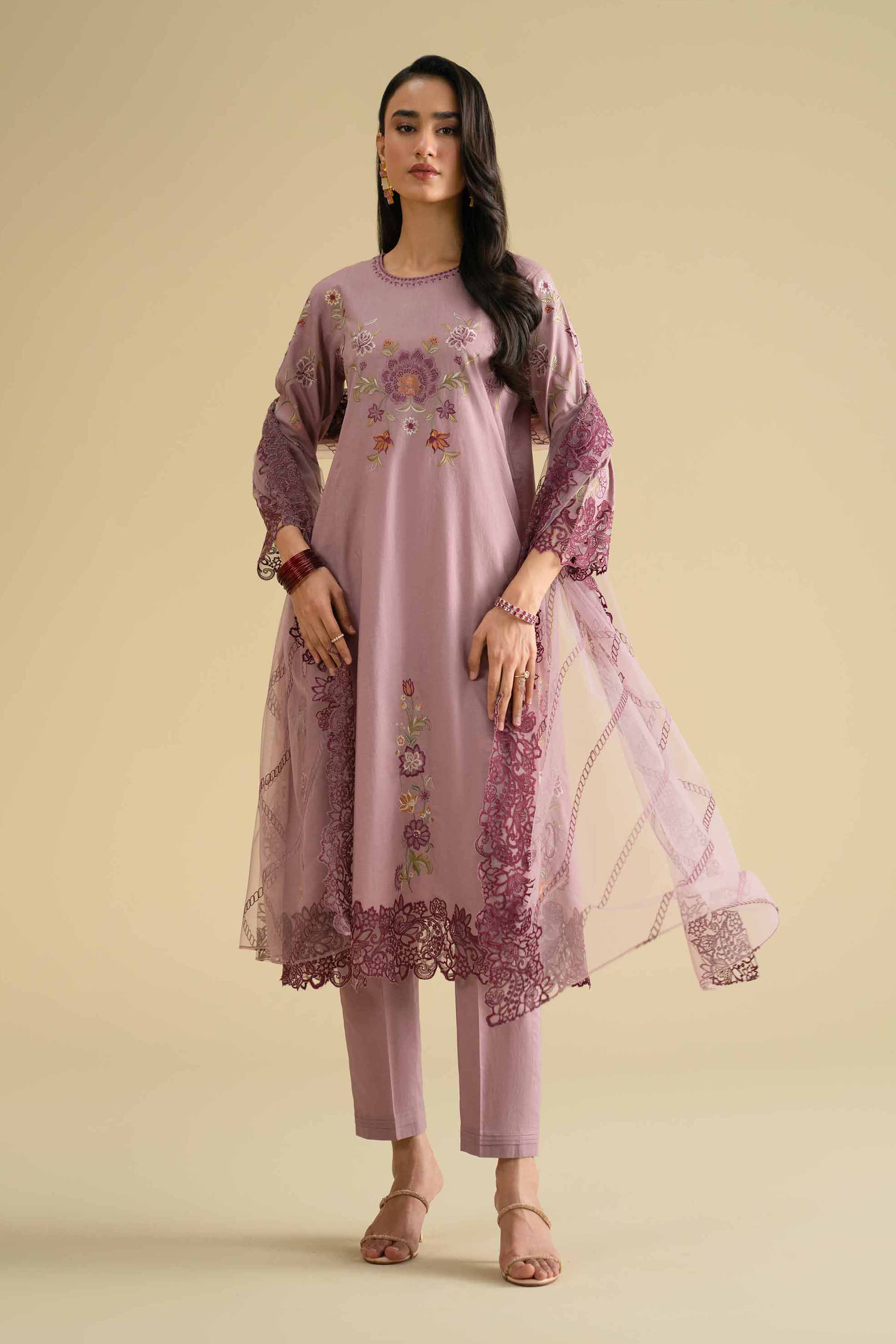 Nishat UK - Purple Embroidered Cambric 3-piece ready to wear luxury Suit