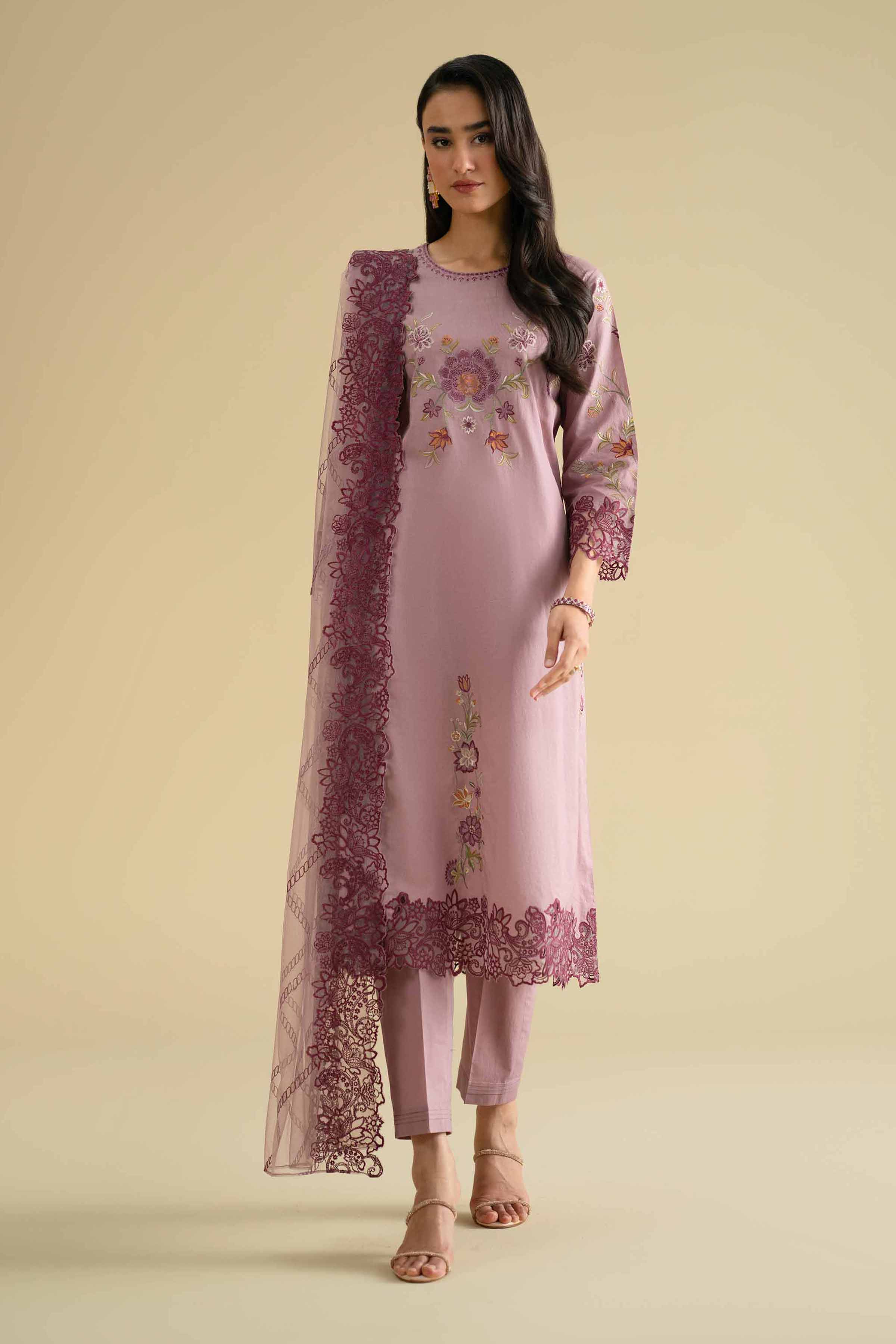 Nishat UK - Purple Embroidered Cambric 3-piece ready to wear luxury Suit