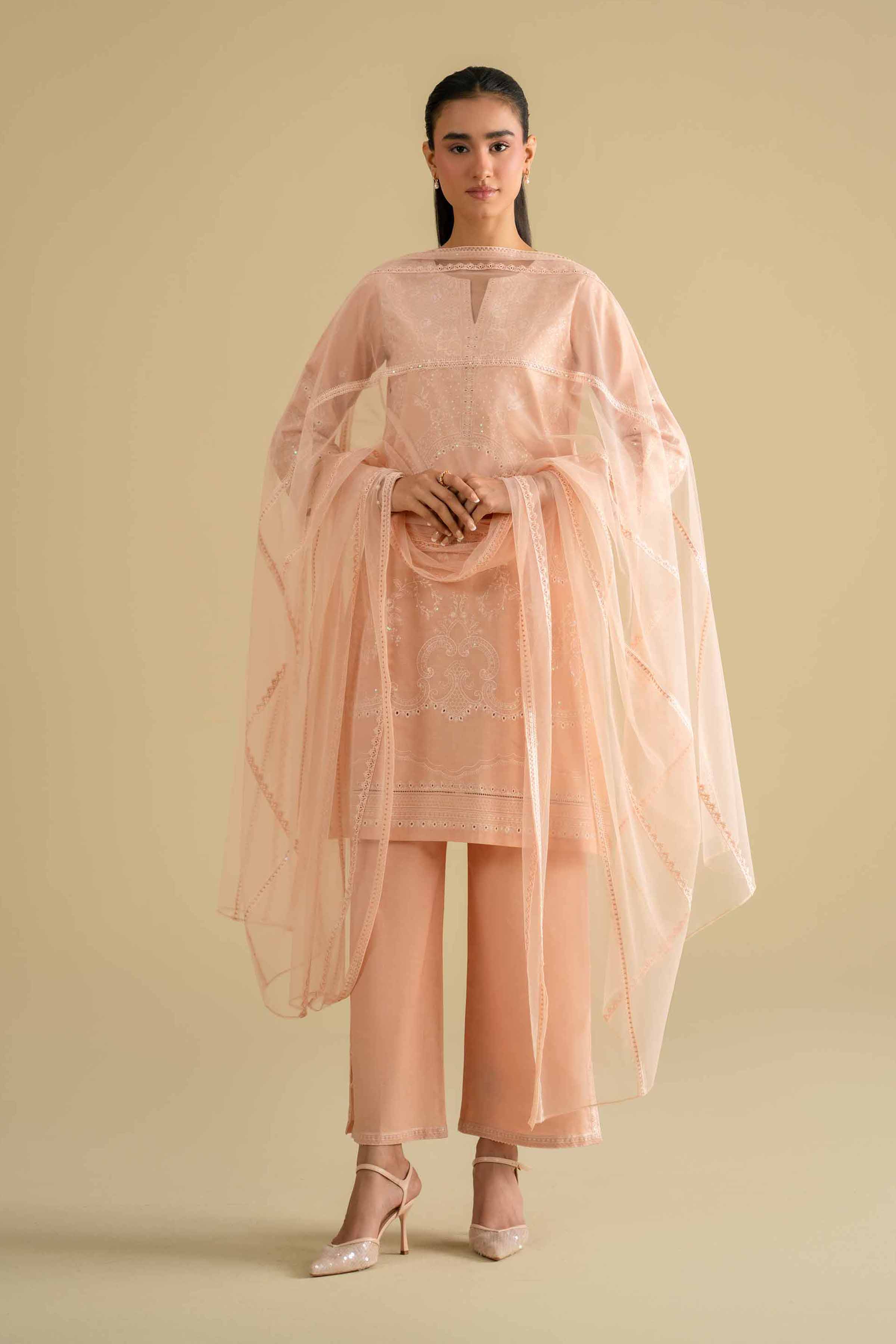 Nishat UK - Orange Embroidered Cambric 3-piece ready to wear luxury Suit