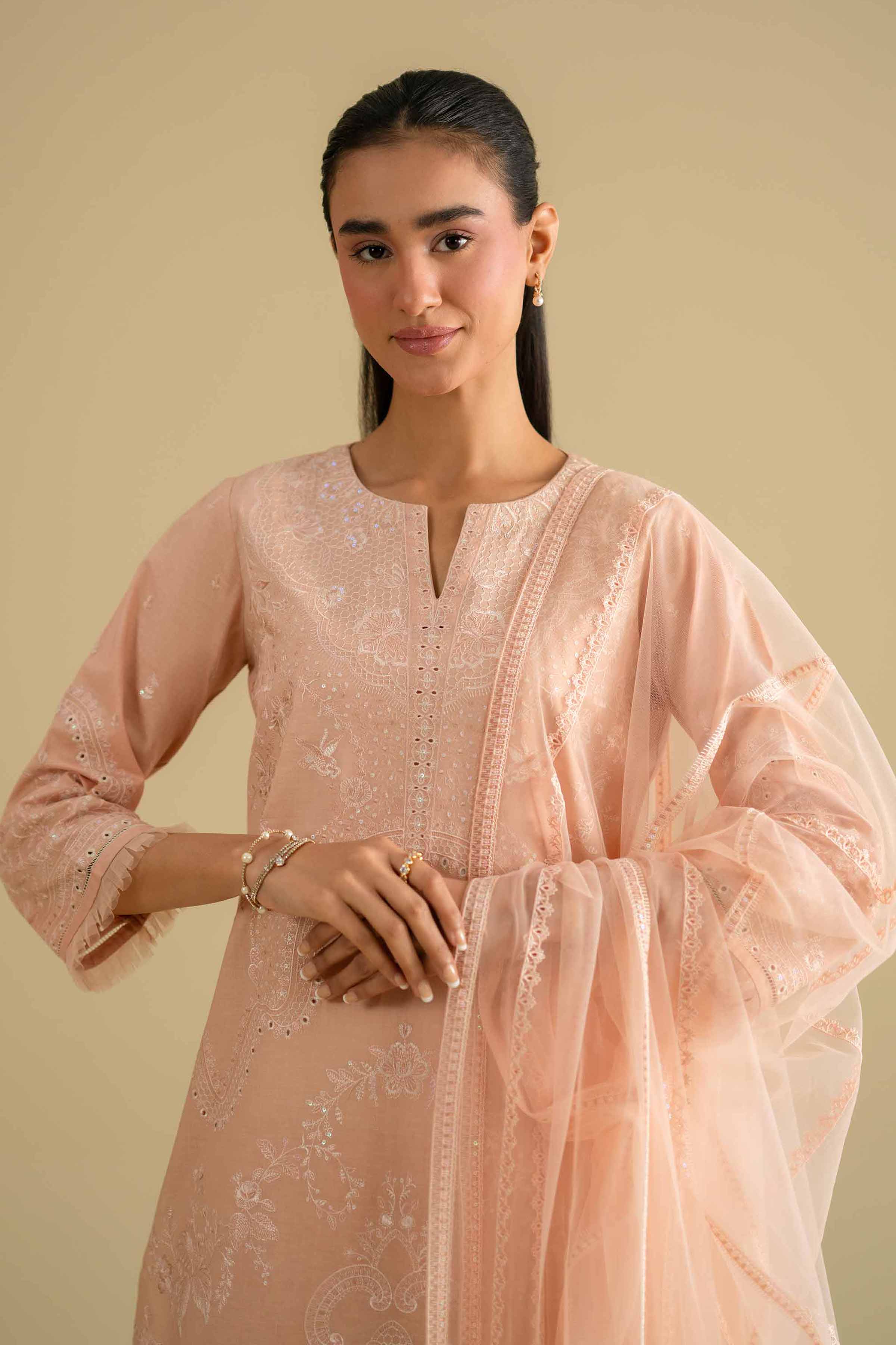 Nishat UK - Orange Embroidered Cambric 3-piece ready to wear luxury Suit