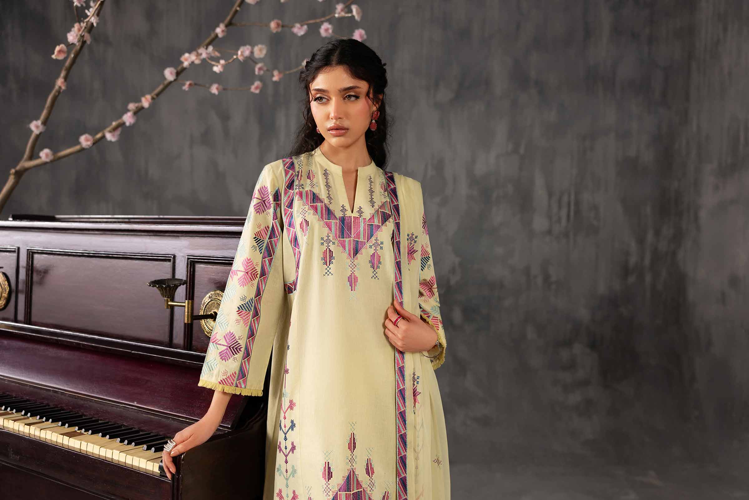 Nishat UK - Yellow Embroidered Yarn Dyed 3-piece ready to wear luxury Suit