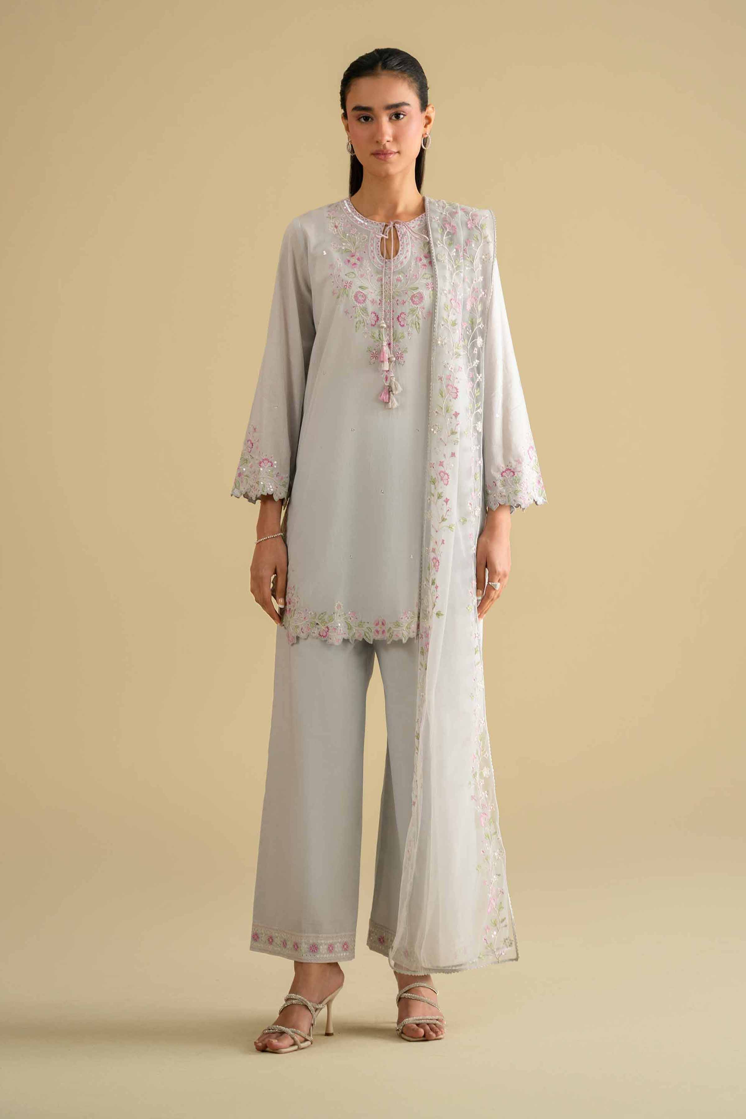 Nishat UK - Grey Embroidered Cambric 3-piece ready to wear luxury Suit