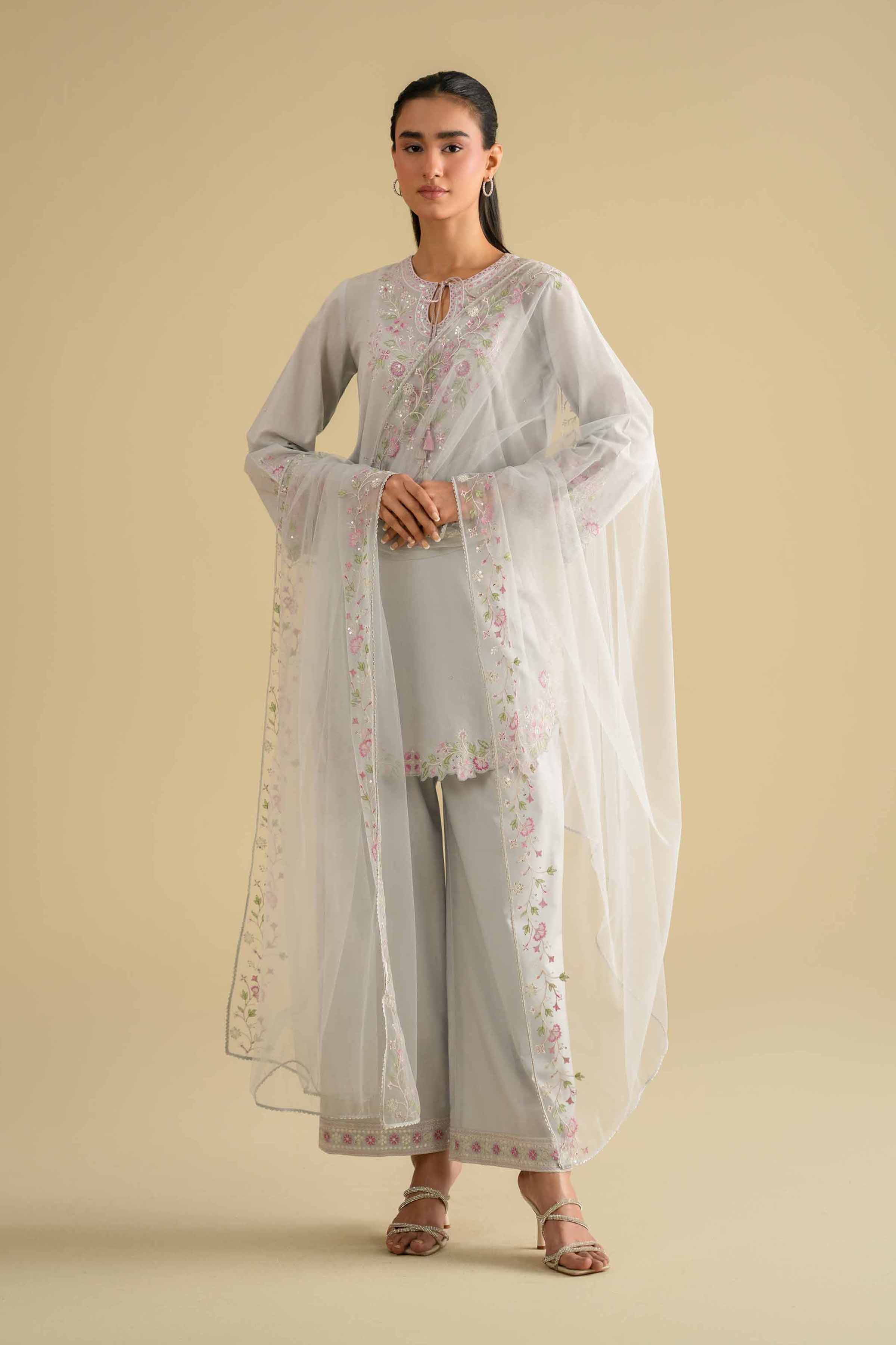 Nishat UK - Grey Embroidered Cambric 3-piece ready to wear luxury Suit