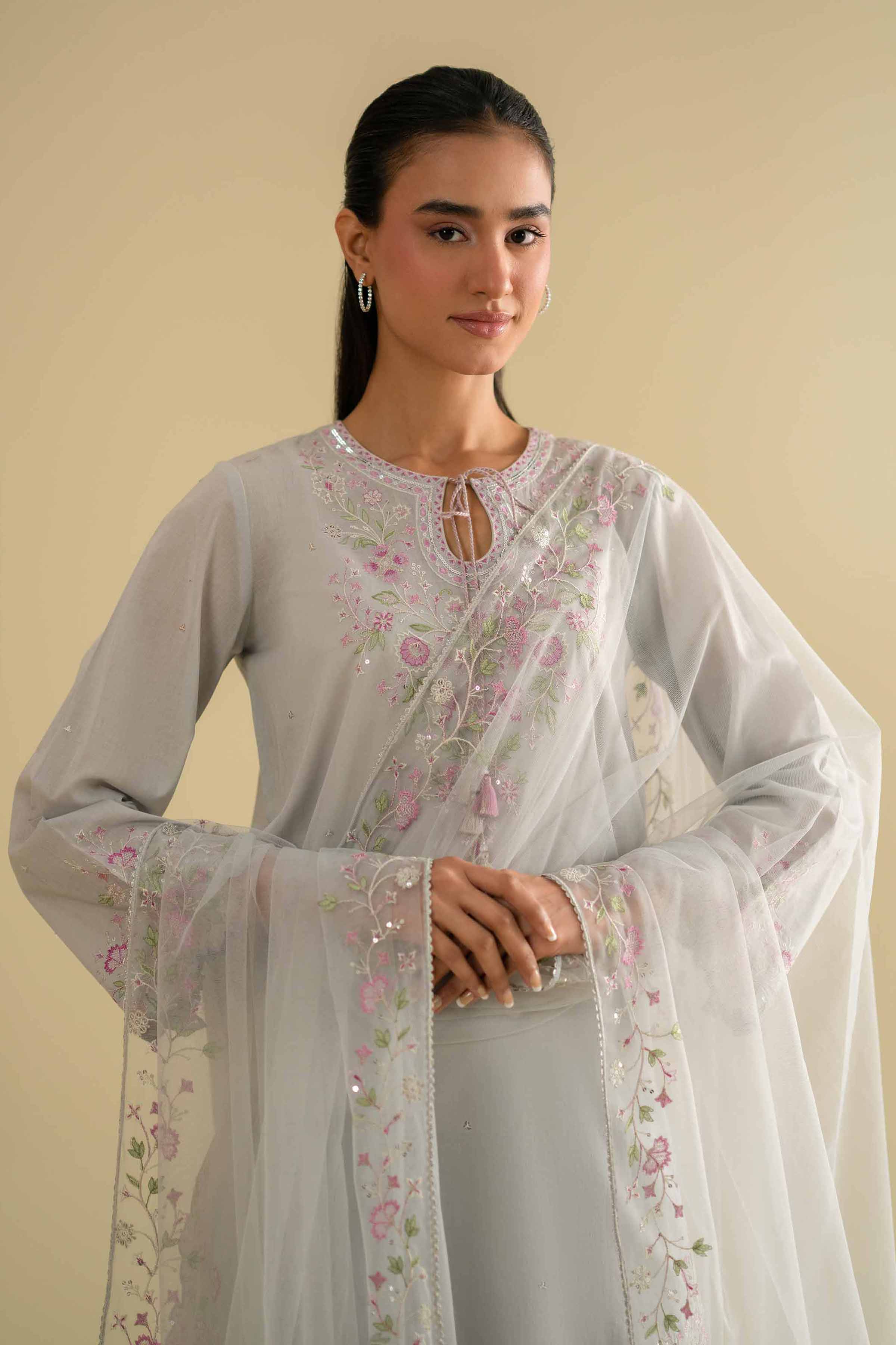 Nishat UK - Grey Embroidered Cambric 3-piece ready to wear luxury Suit