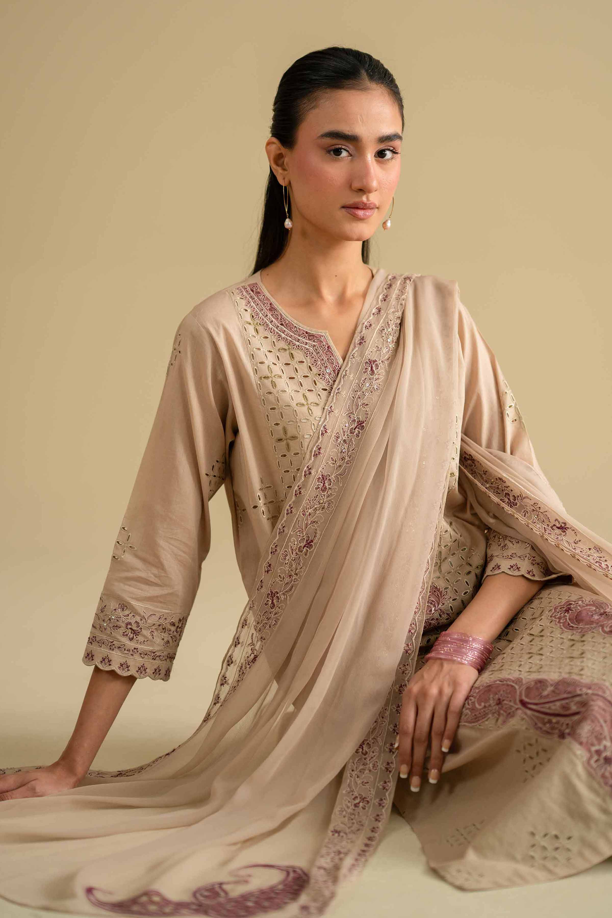 Nishat UK - Beige Embroidered Cambric 3 Pieces ready to wear luxury Suit