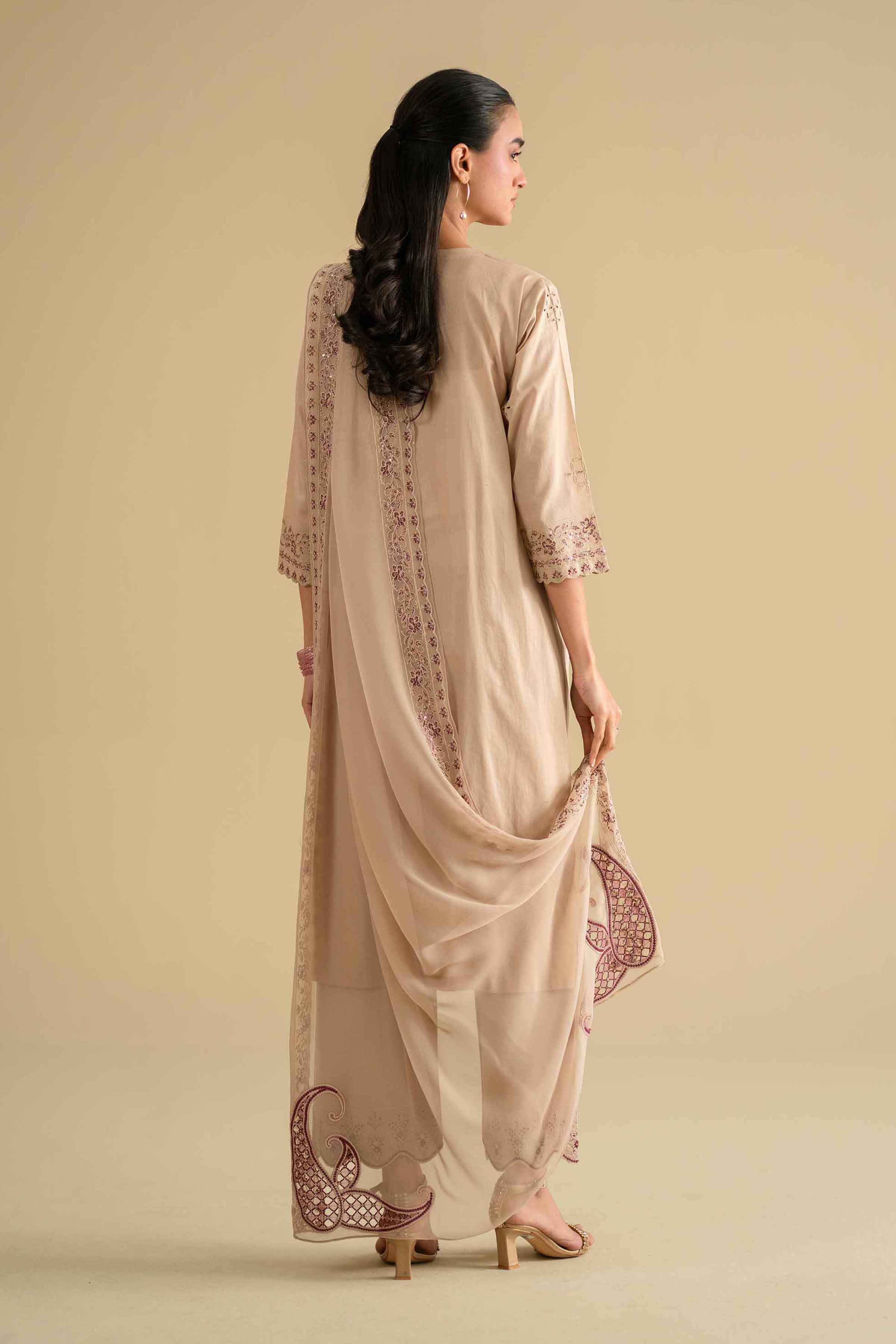 Nishat UK - Beige Embroidered Cambric 3 Pieces ready to wear luxury Suit