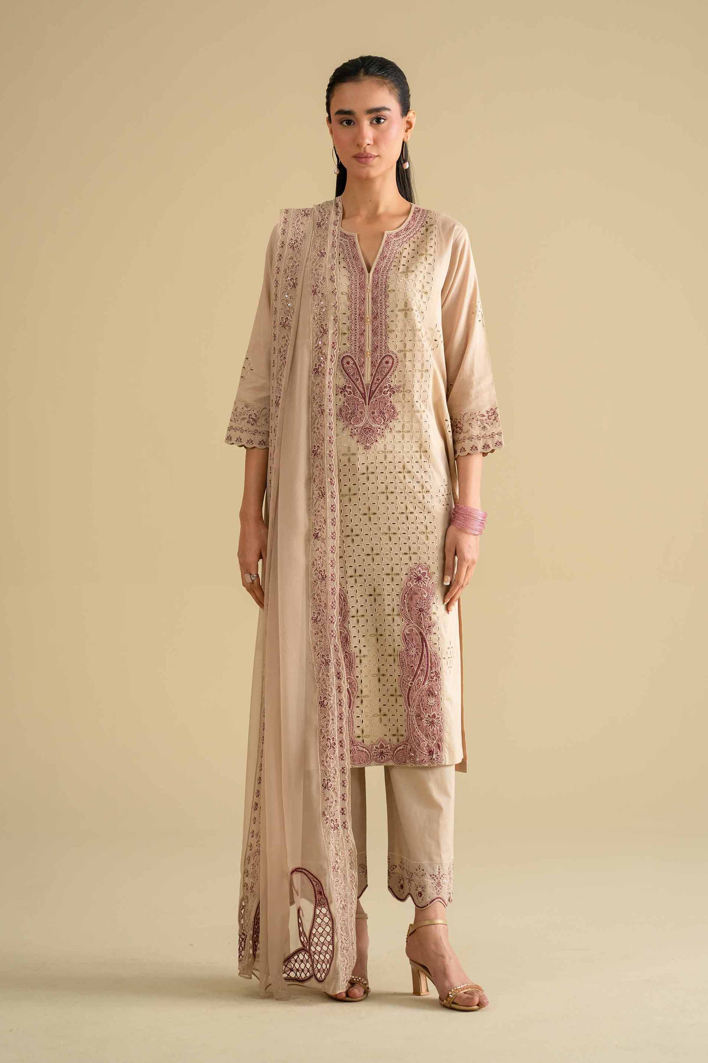 Nishat UK - Beige Embroidered Cambric 3 Pieces ready to wear luxury Suit