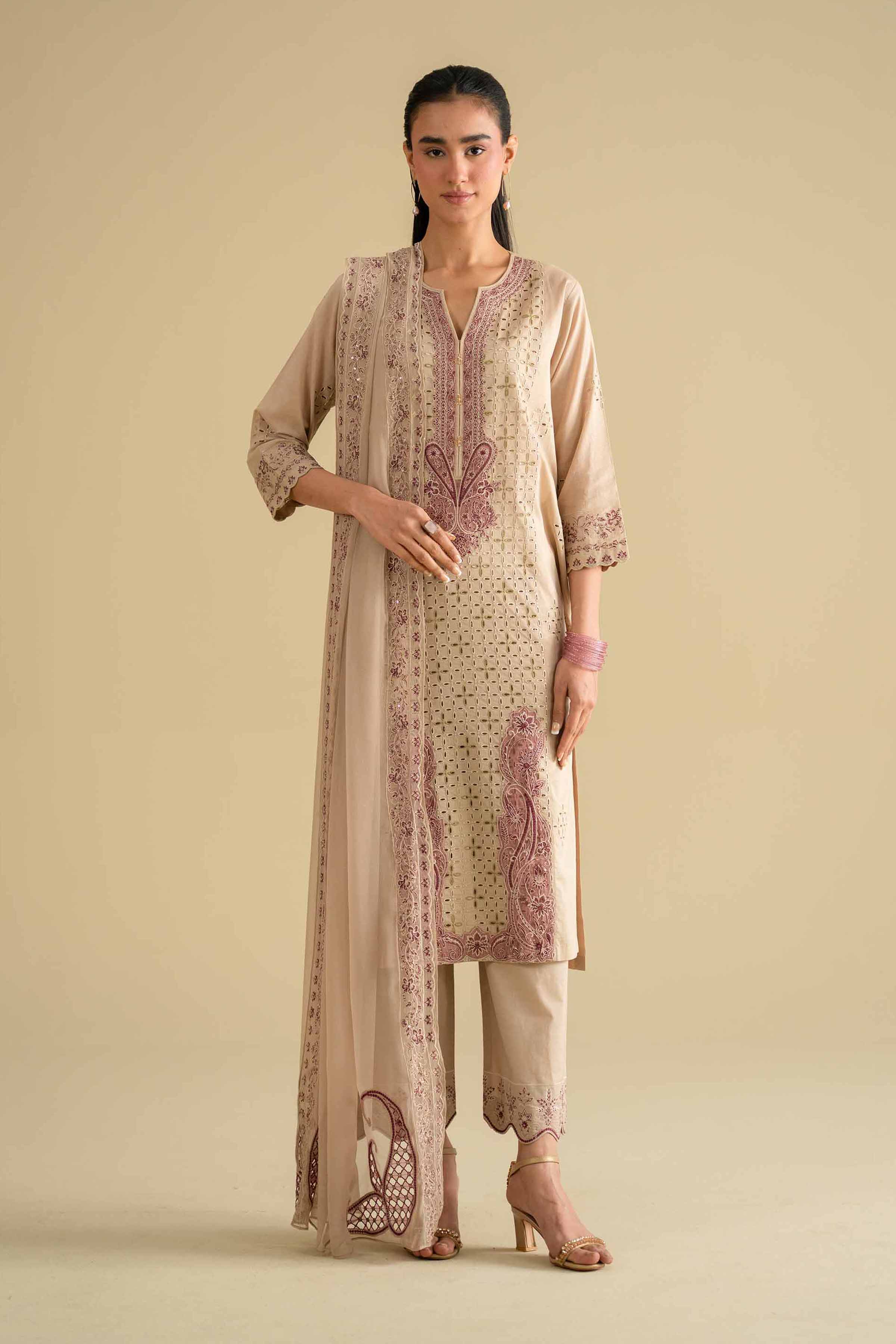 Nishat UK - Beige Embroidered Cambric 3 Pieces ready to wear luxury Suit