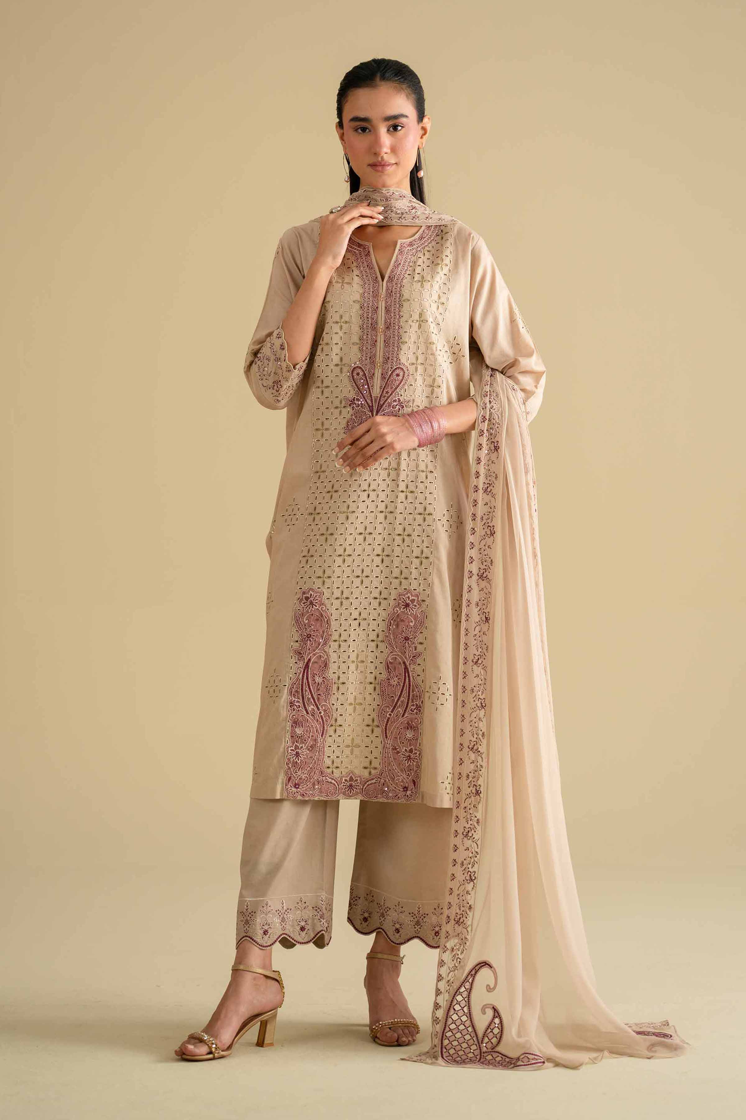 Nishat UK - Beige Embroidered Cambric 3 Pieces ready to wear luxury Suit
