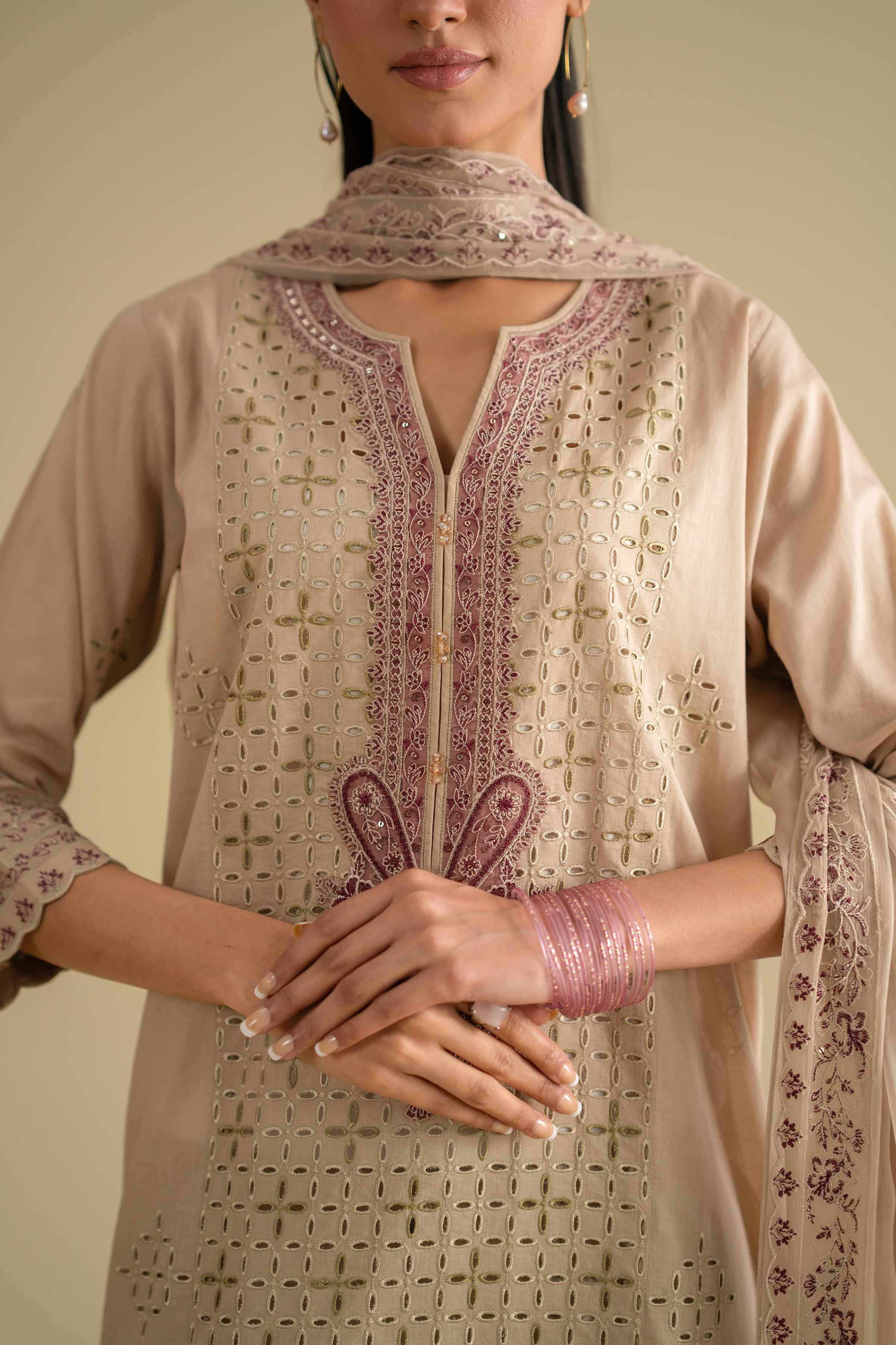 Nishat UK - Beige Embroidered Cambric 3 Pieces ready to wear luxury Suit
