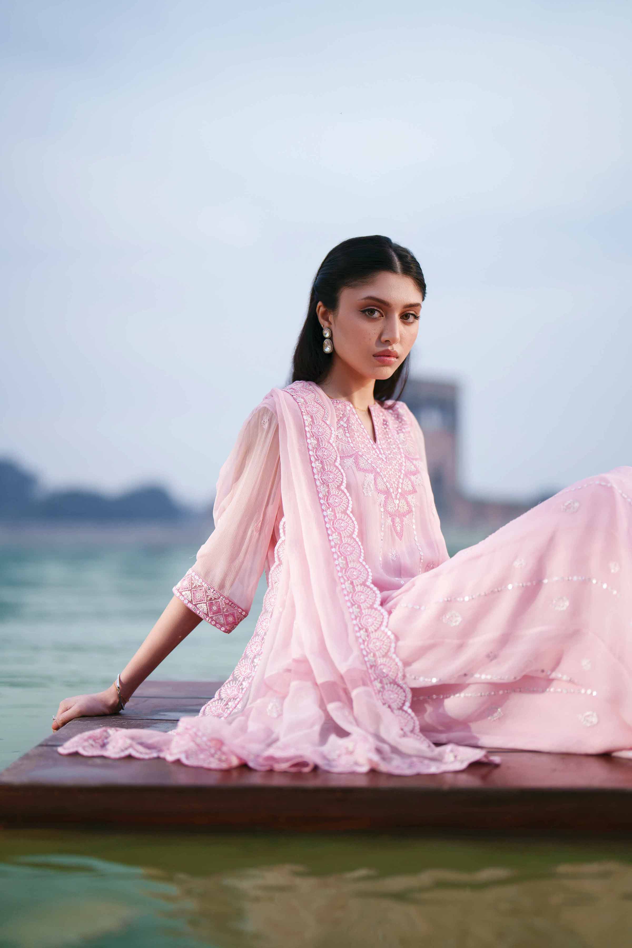 NishatUK - Pink Embroidered Chiffon 3-piece ready to wear luxury Suit