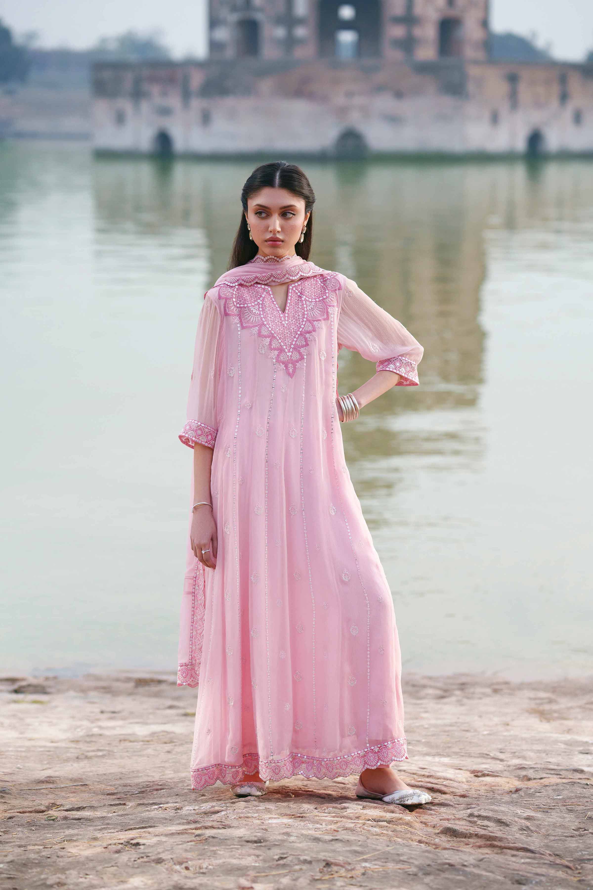 NishatUK - Pink Embroidered Chiffon 3-piece ready to wear luxury Suit
