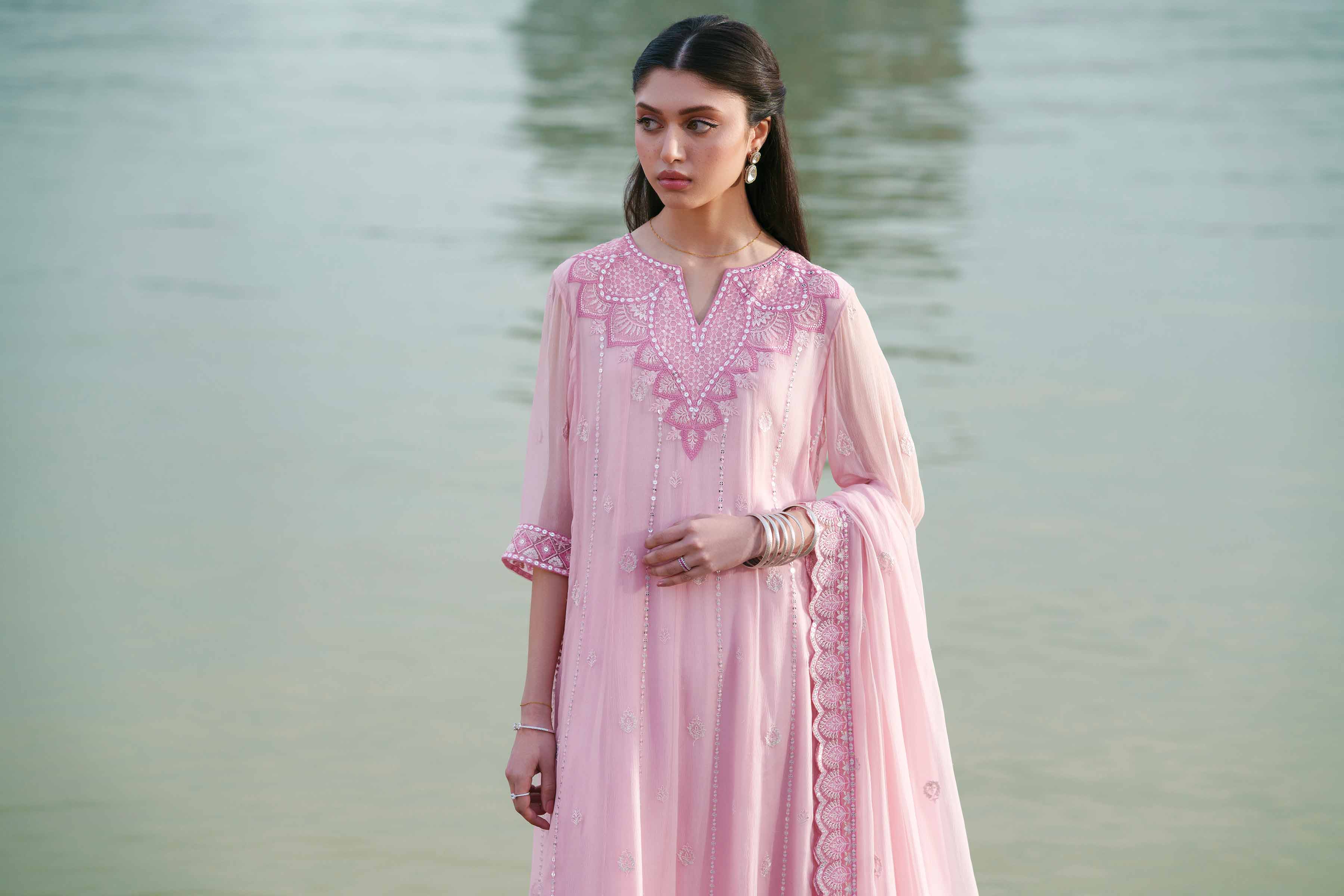 NishatUK - Pink Embroidered Chiffon 3-piece ready to wear luxury Suit