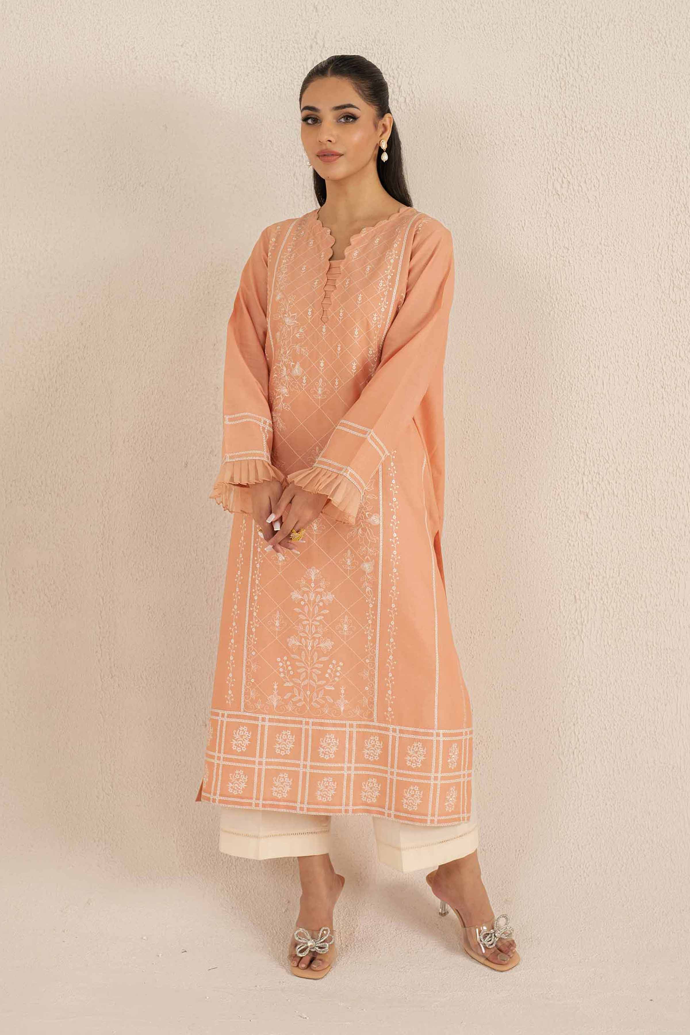 NishatUK - Peach Embroidered   Cambric 2-piece ready to wear Luxury Dress