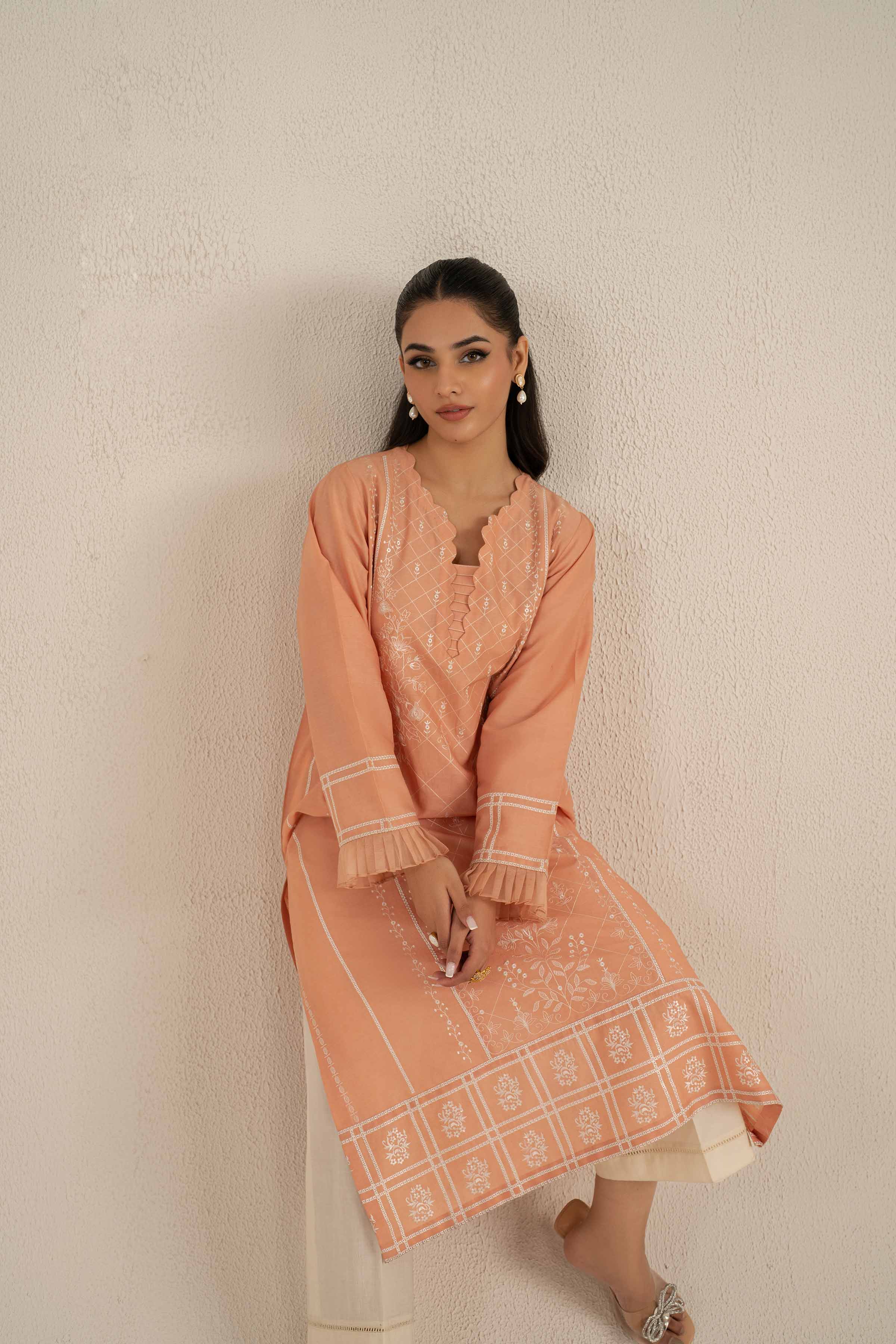 NishatUK - Peach Embroidered   Cambric 2-piece ready to wear Luxury Dress