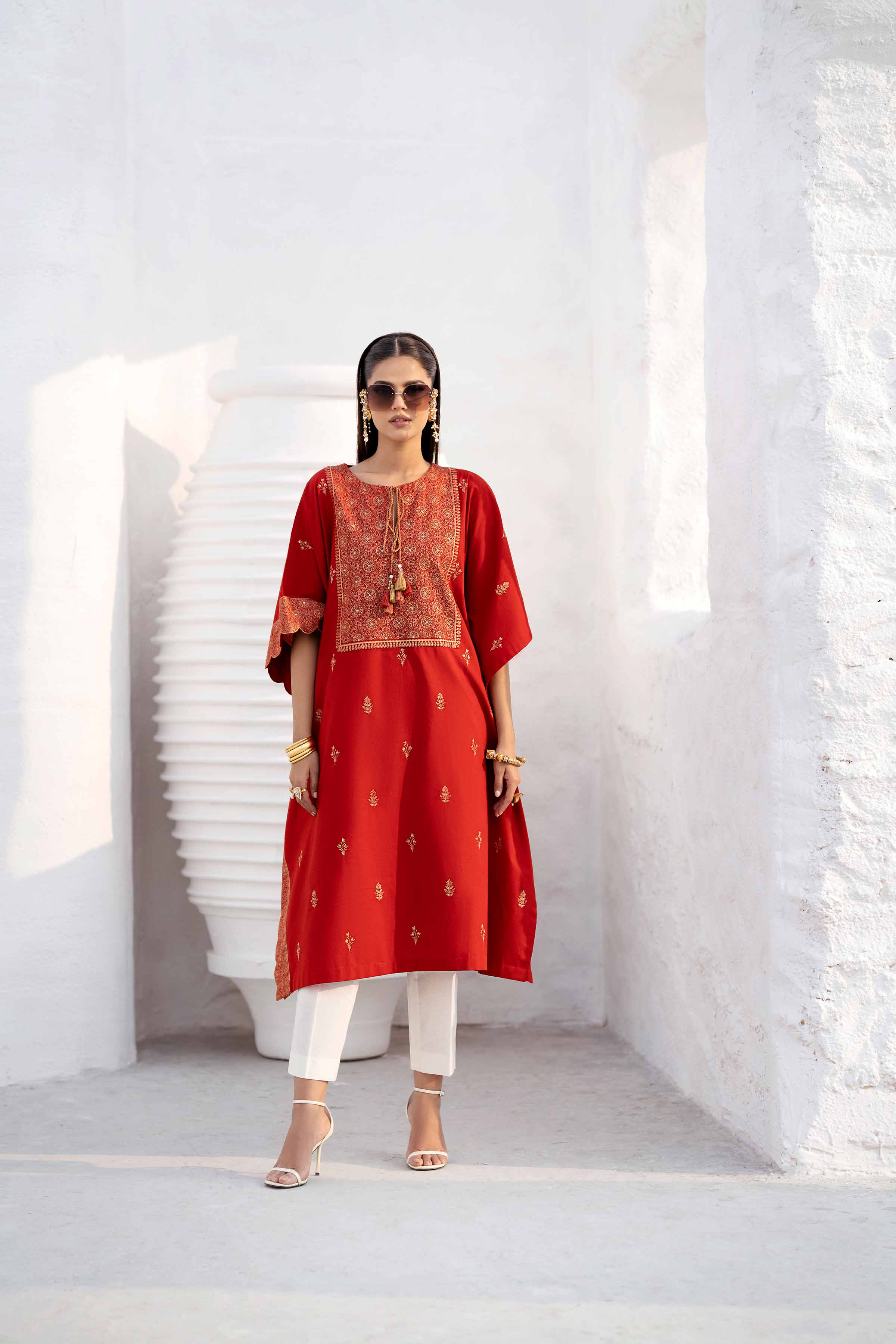NishatUK - Red Embroidered   Cambric 1-piece ready to wear Kaftan