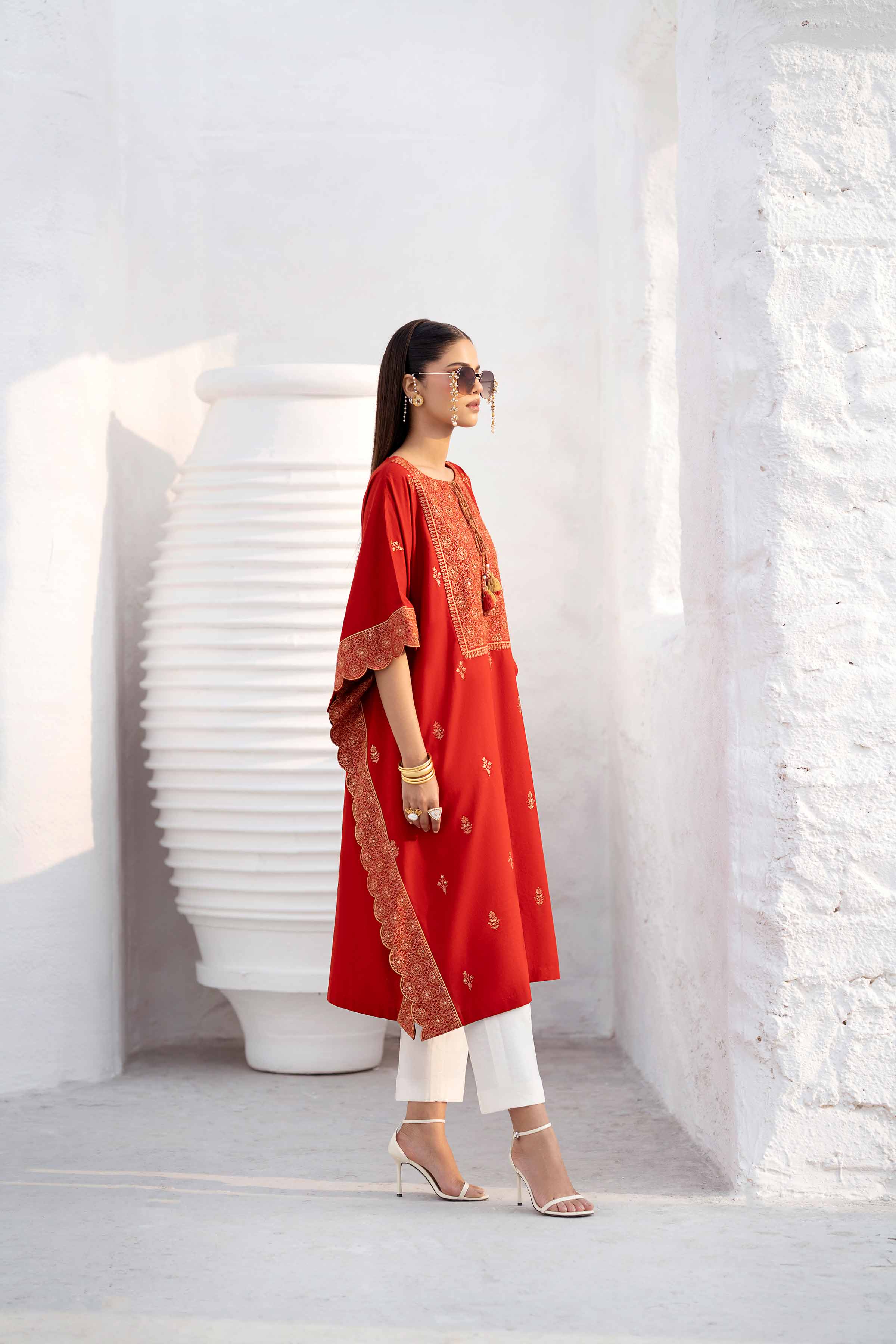 NishatUK - Red Embroidered   Cambric 1-piece ready to wear Kaftan