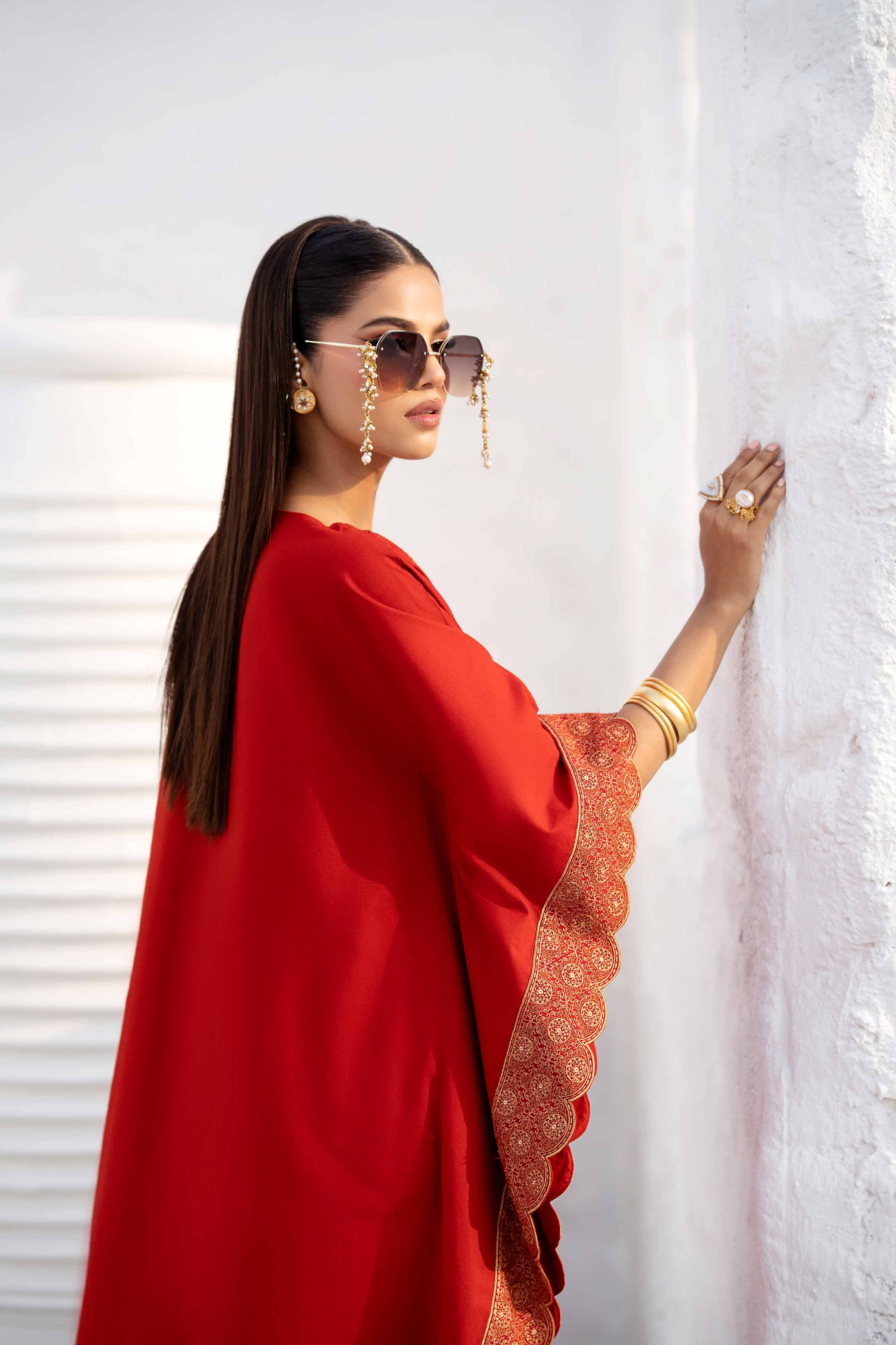 NishatUK - Red Embroidered   Cambric 1-piece ready to wear Kaftan