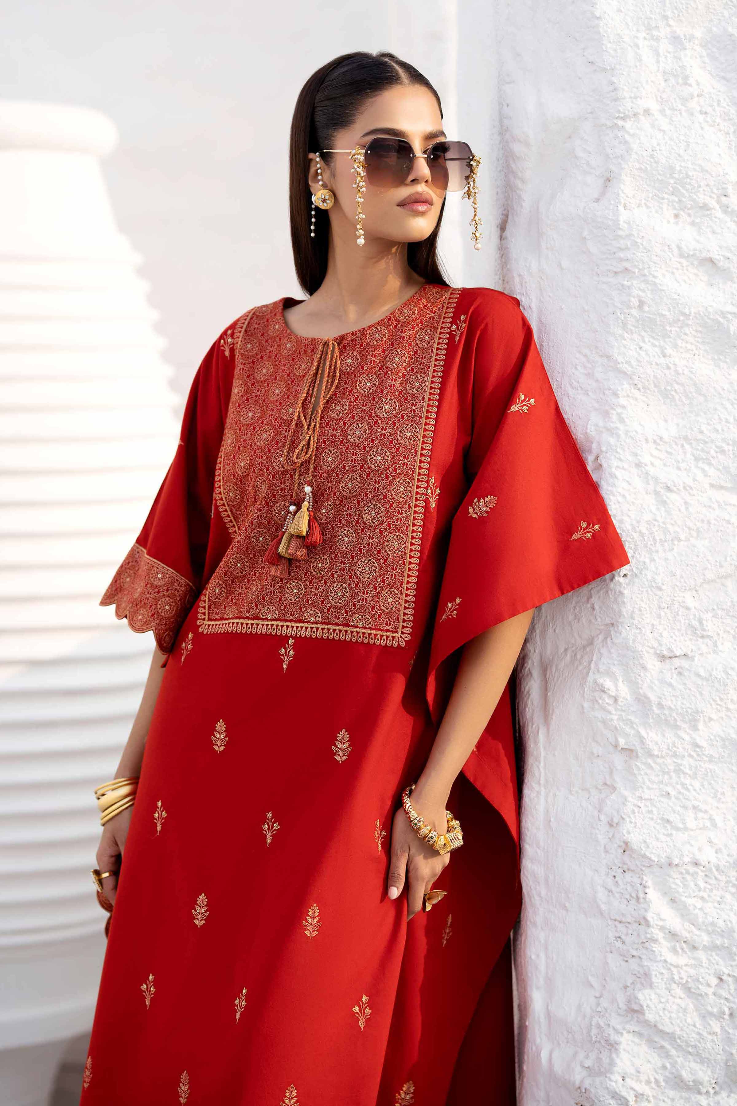 NishatUK - Red Embroidered   Cambric 1-piece ready to wear Kaftan
