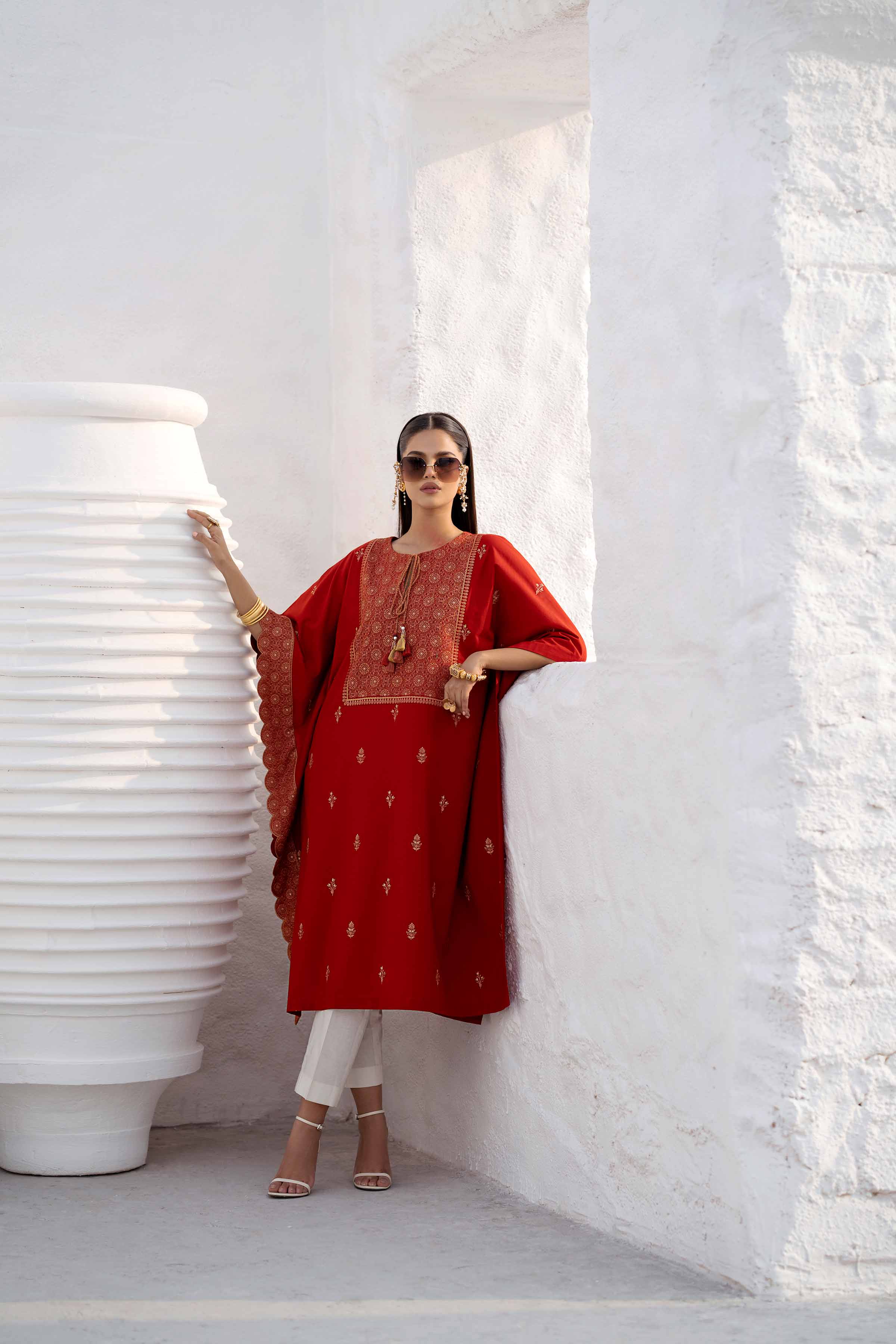 NishatUK - Red Embroidered   Cambric 1-piece ready to wear Kaftan