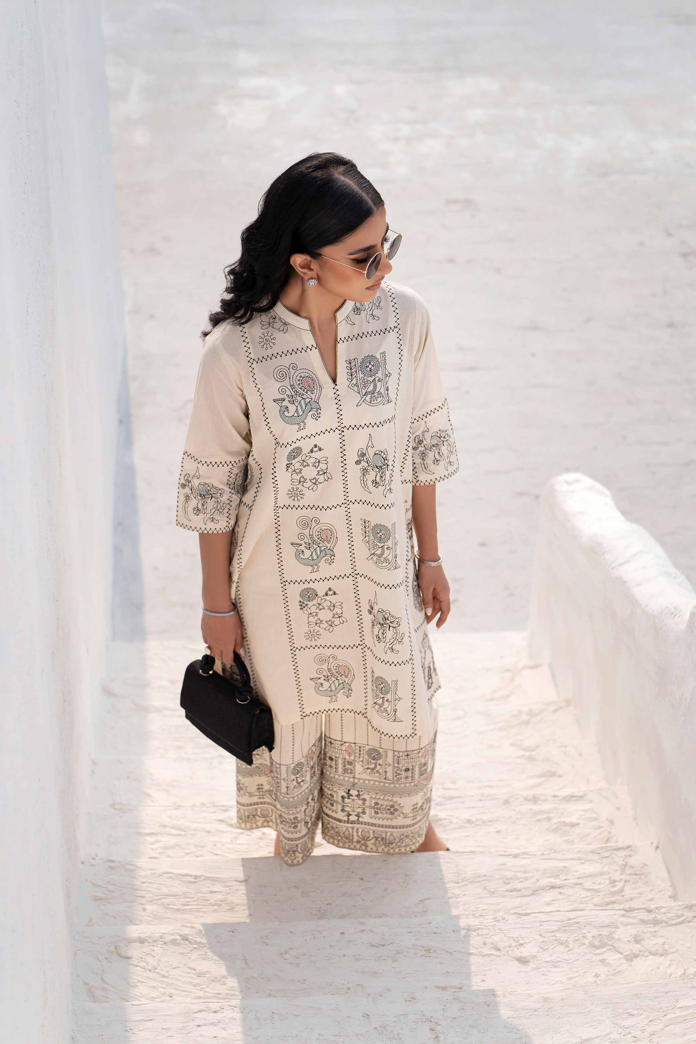 NishatUK - Off White Embroidered   Handmade Loom 2-piece ready to wear Luxury Dress