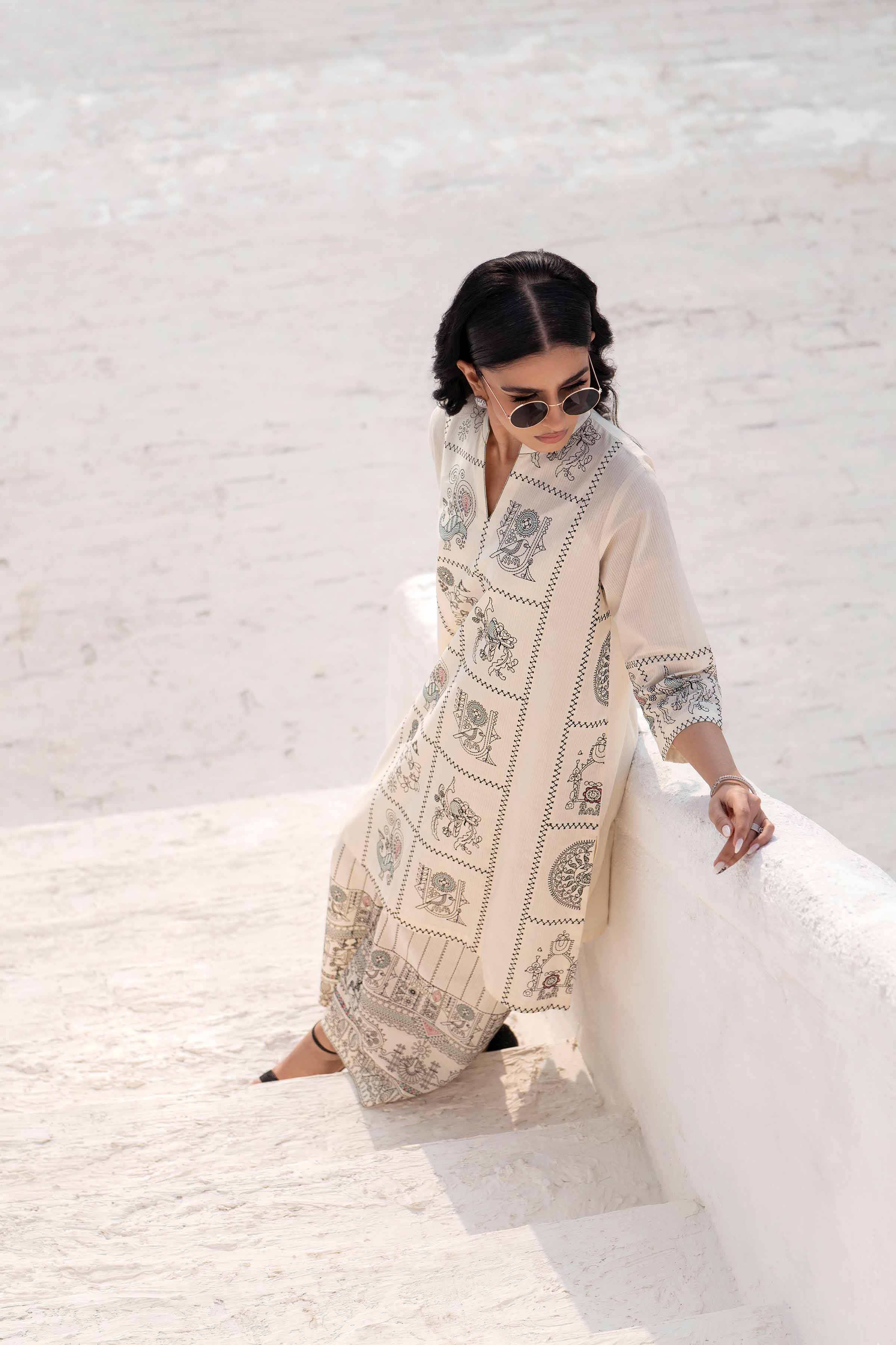 NishatUK - Off White Embroidered   Handmade Loom 2-piece ready to wear Luxury Dress