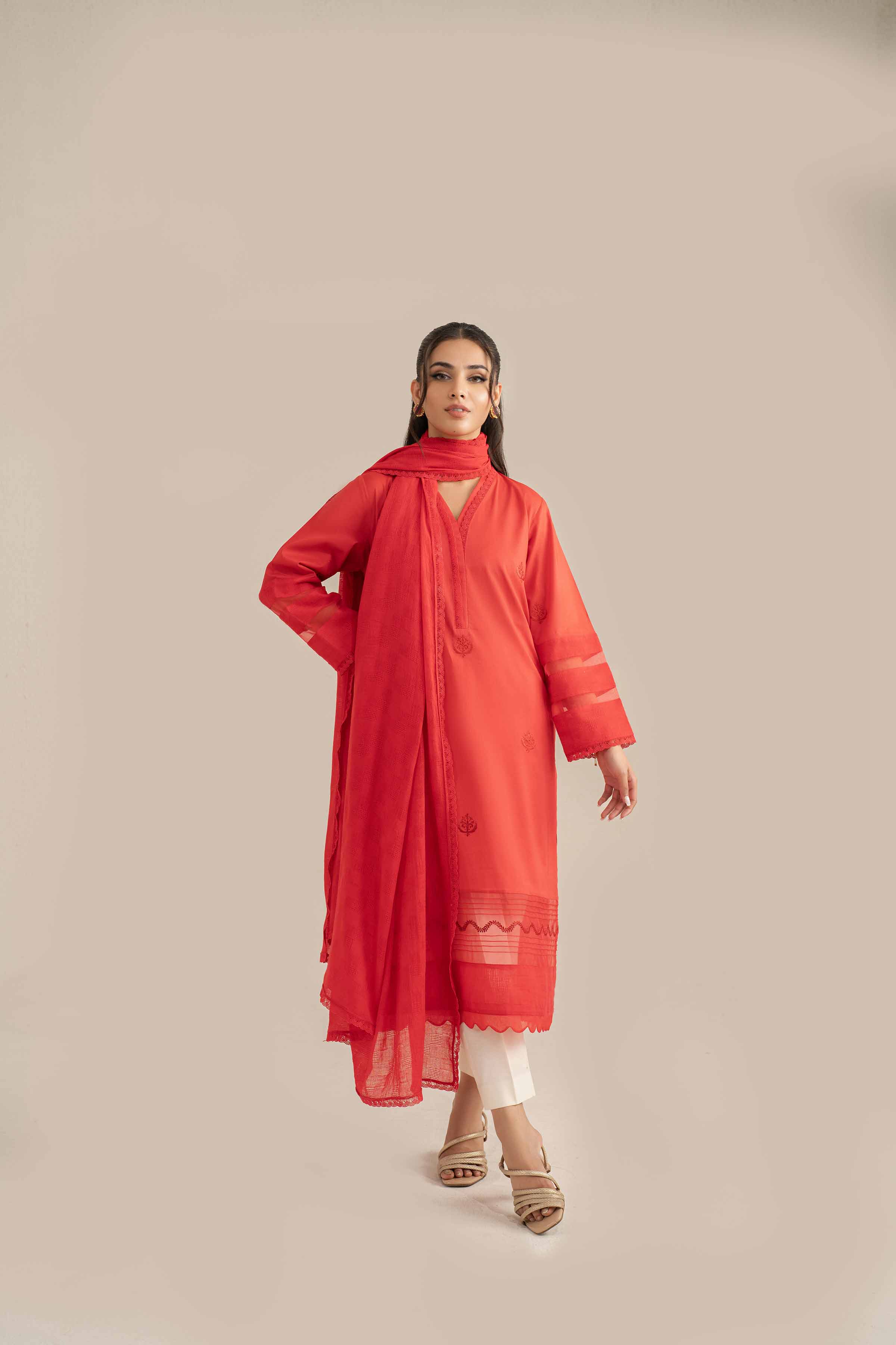 NishatUK - Red Embroidered   Cambric 2-piece ready to wear Luxury Dress