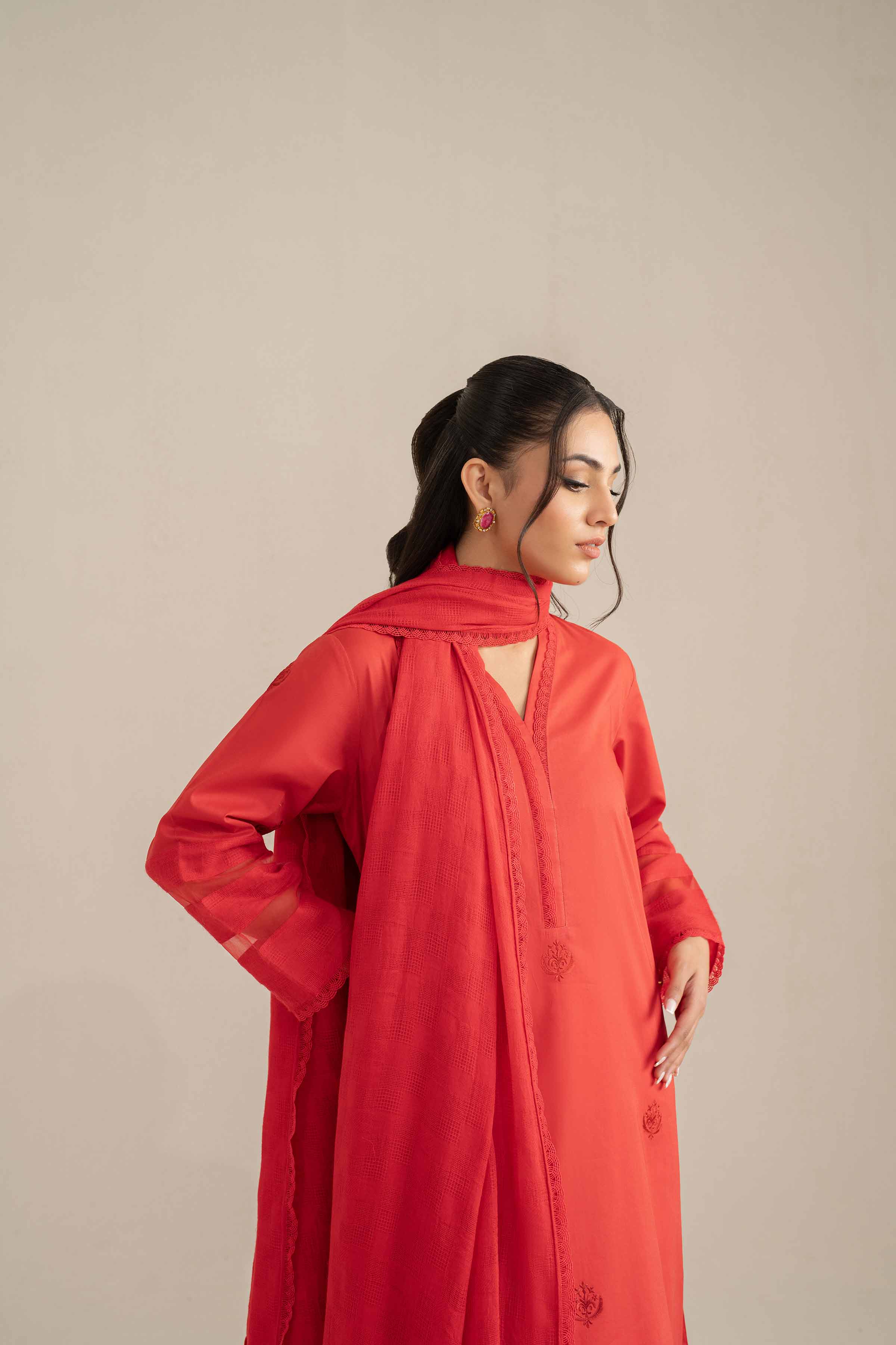 NishatUK - Red Embroidered   Cambric 2-piece ready to wear Luxury Dress