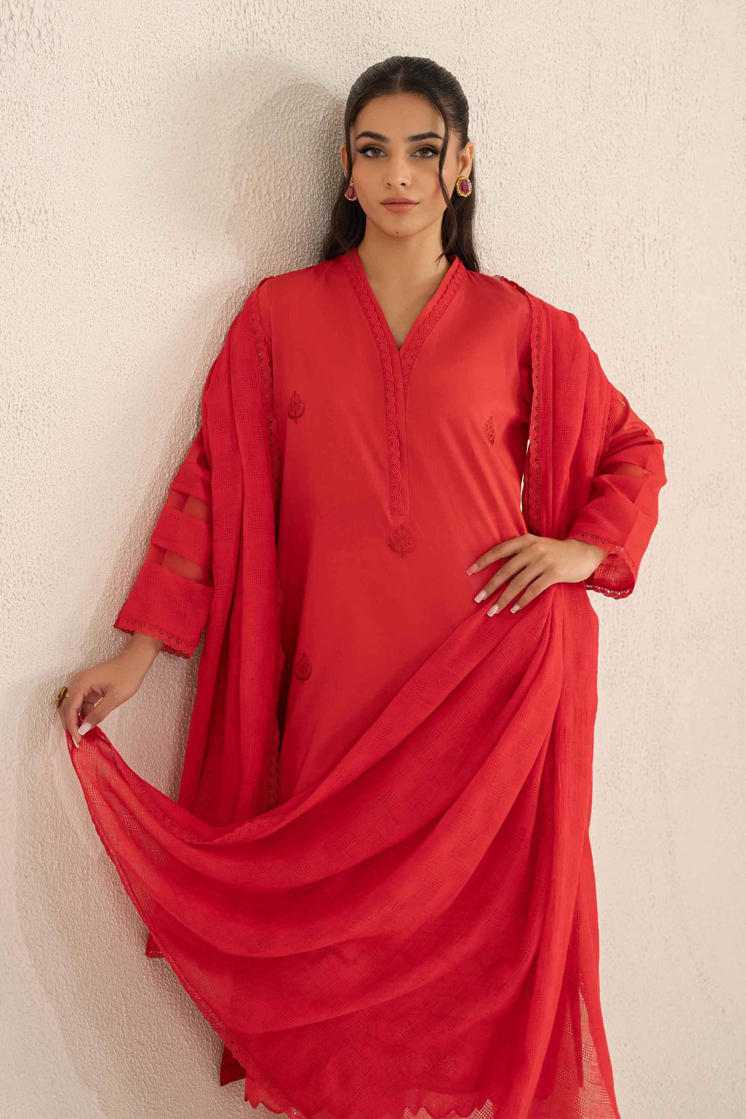 NishatUK - Red Embroidered   Cambric 2-piece ready to wear Luxury Dress