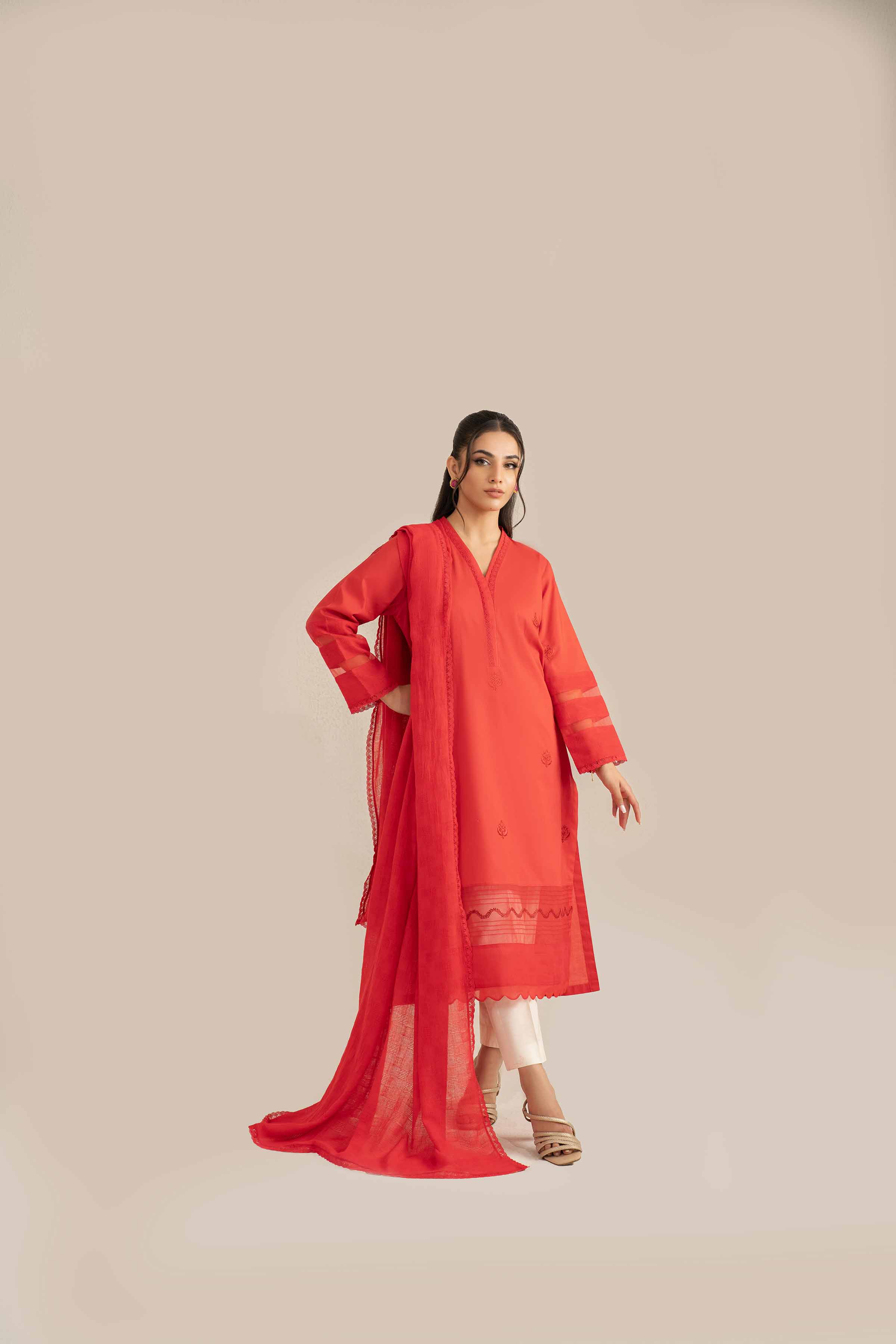 NishatUK - Red Embroidered   Cambric 2-piece ready to wear Luxury Dress
