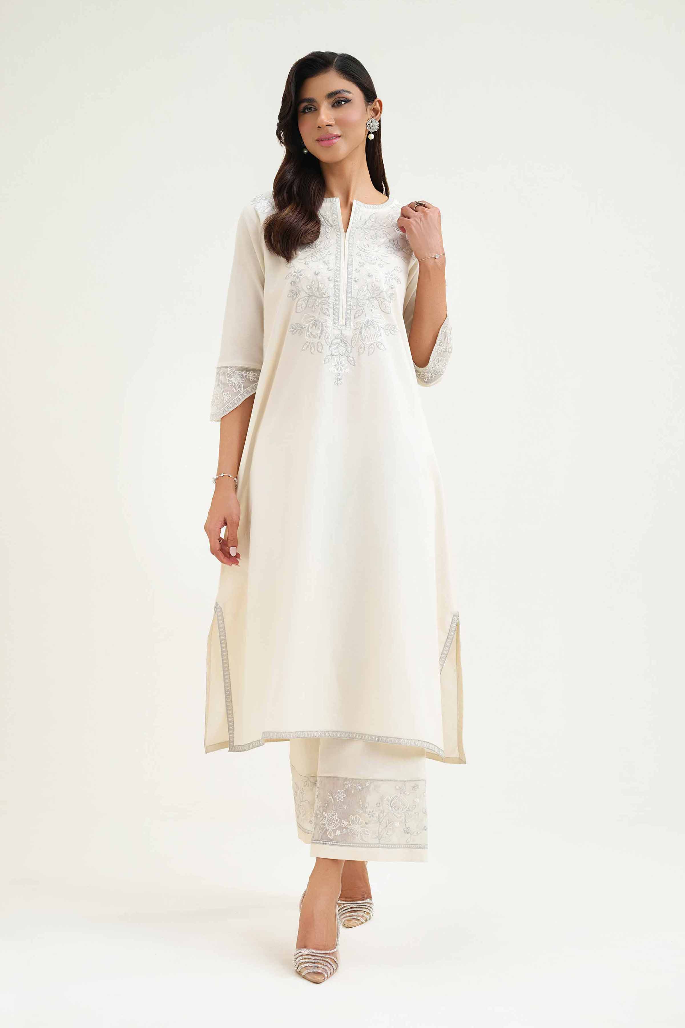 NishatUK - Beige Embroidered   Cambric 2-piece ready to wear Luxury Dress
