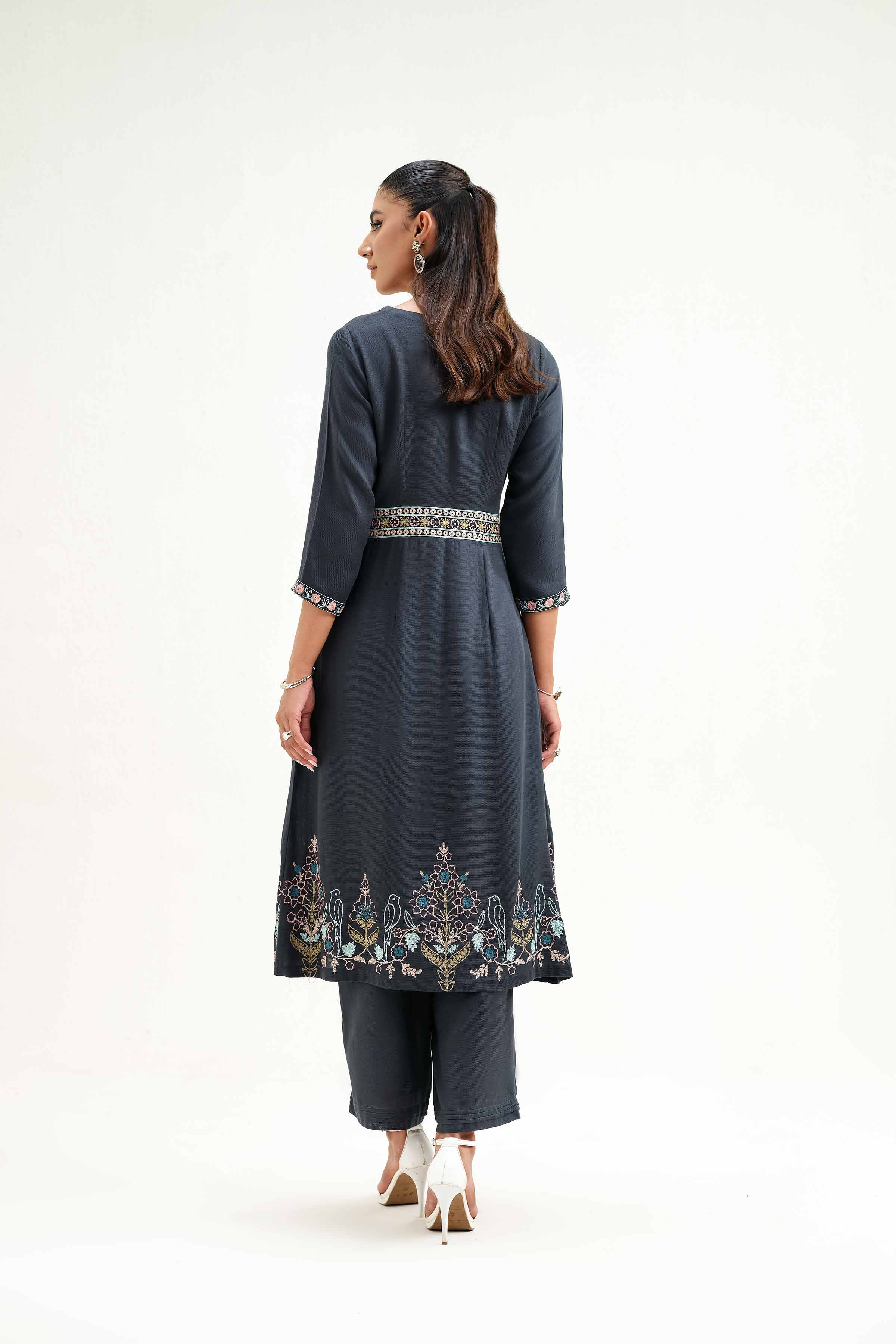 NishatUK - Grey Embroidered  Silk 2-piece ready to wear Luxury Dress