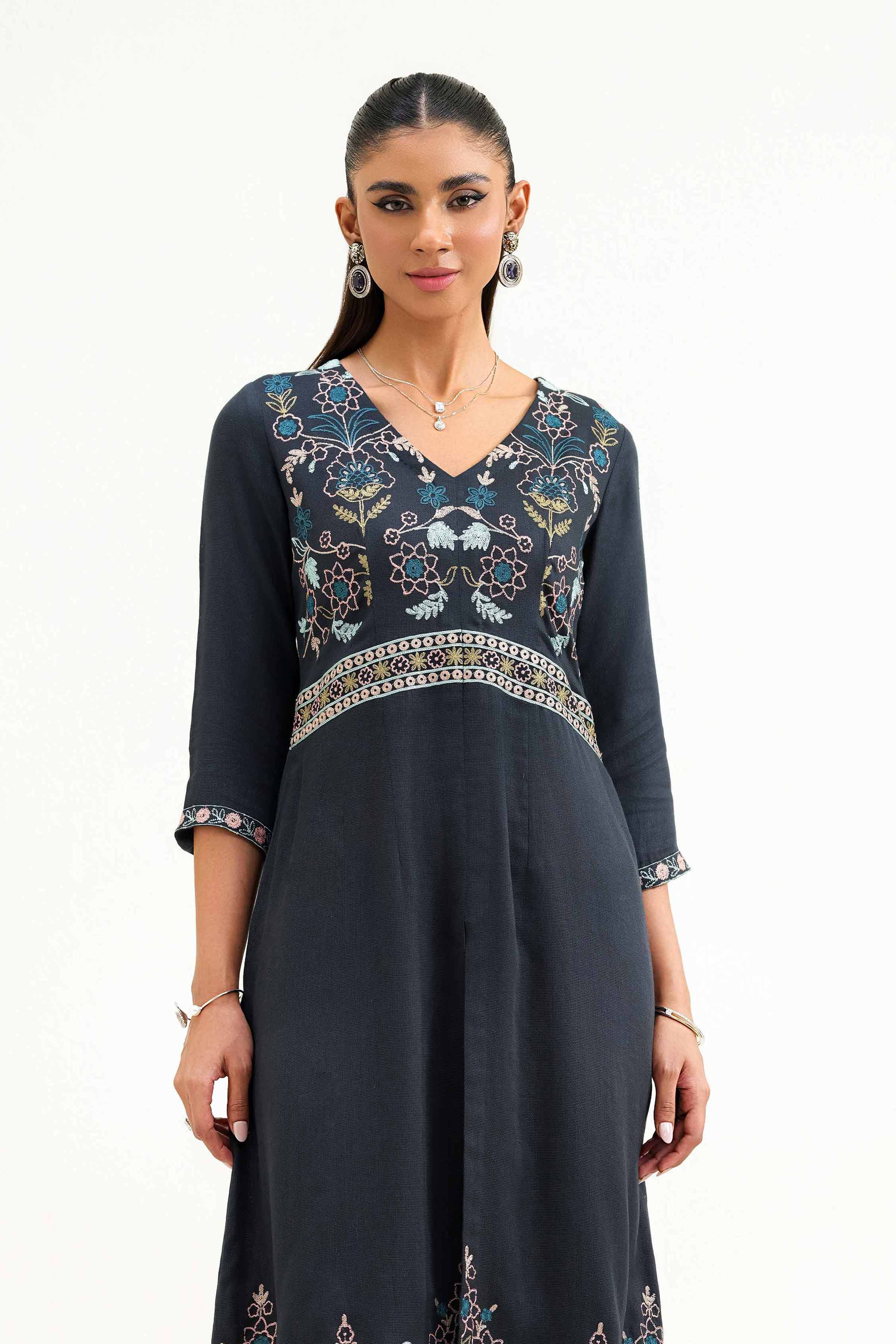 NishatUK - Grey Embroidered  Silk 2-piece ready to wear Luxury Dress