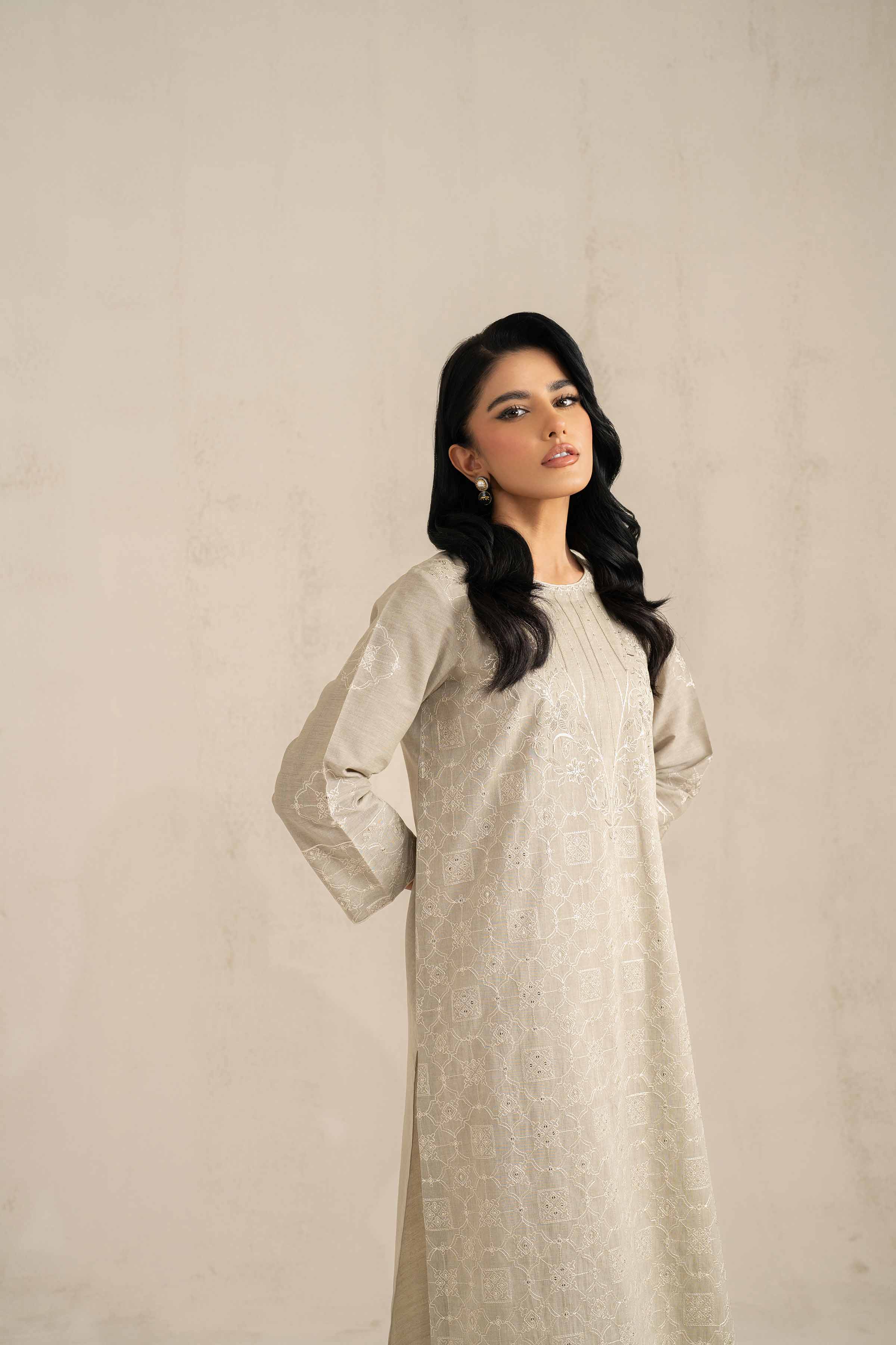 NishatUK - Grey Embroidered   Handmade Loom 2-piece ready to wear Luxury Dress