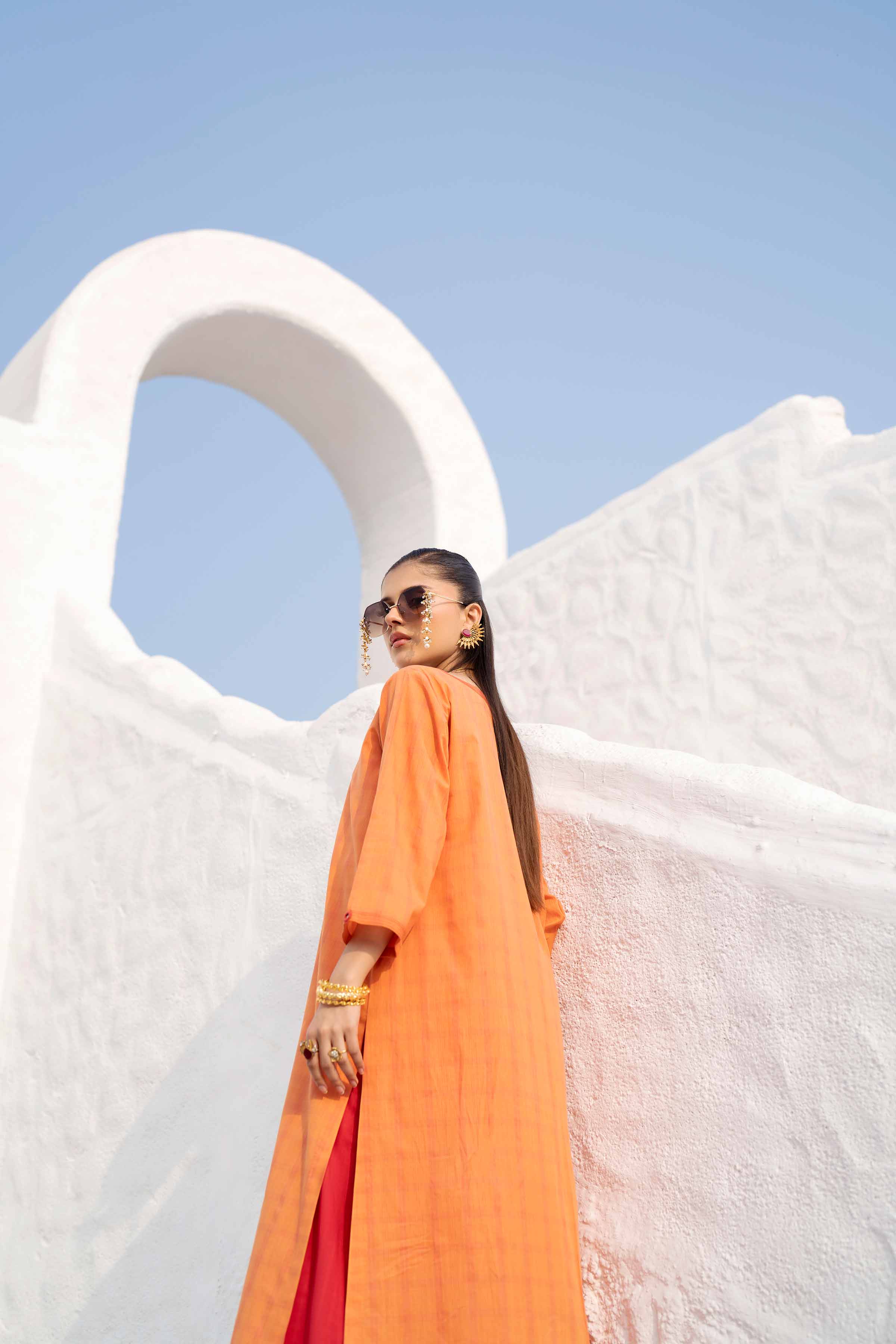 NishatUK - Orange Embroidered   Yarn Dyed 2-piece ready to wear Luxury Dress