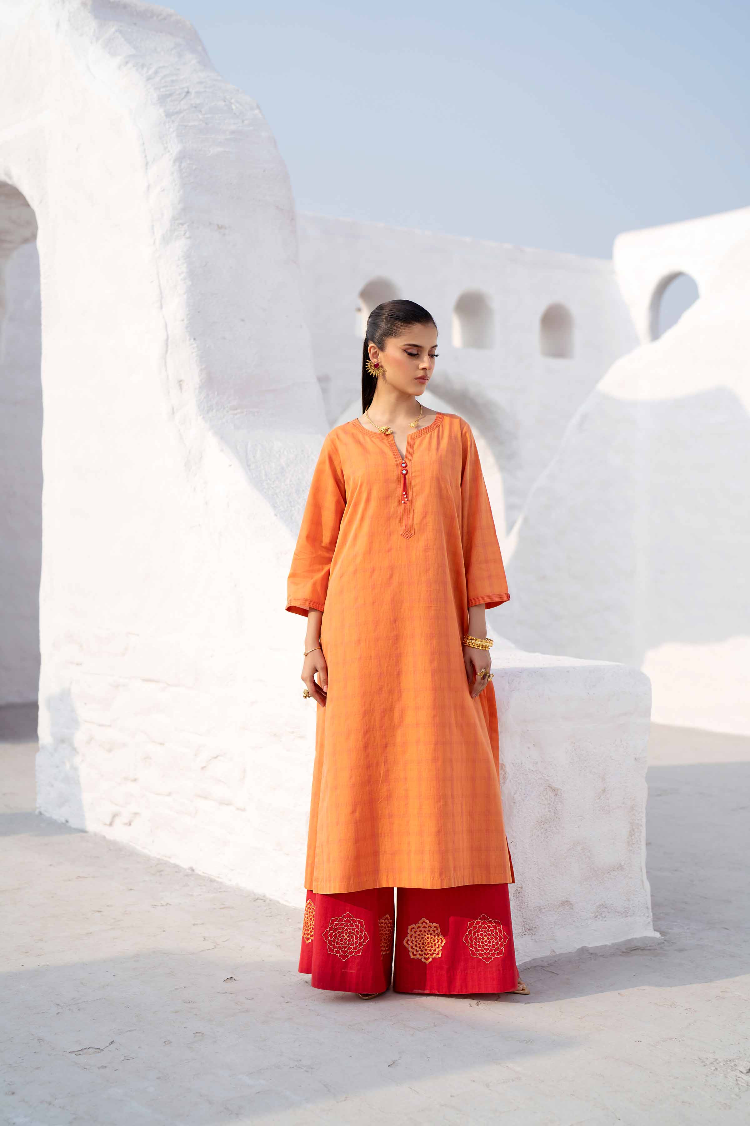 NishatUK - Orange Embroidered   Yarn Dyed 2-piece ready to wear Luxury Dress