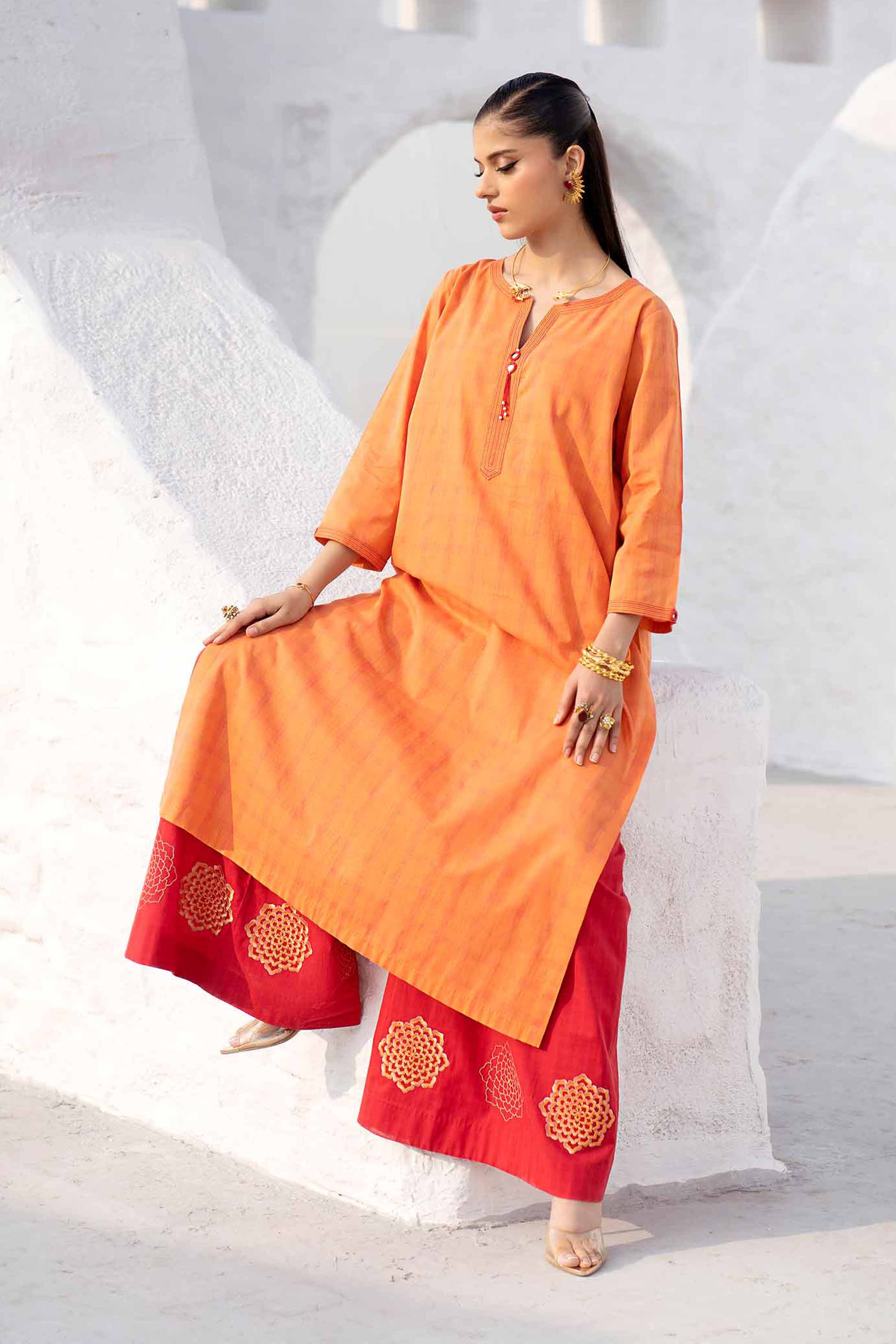 NishatUK - Orange Embroidered   Yarn Dyed 2-piece ready to wear Luxury Dress
