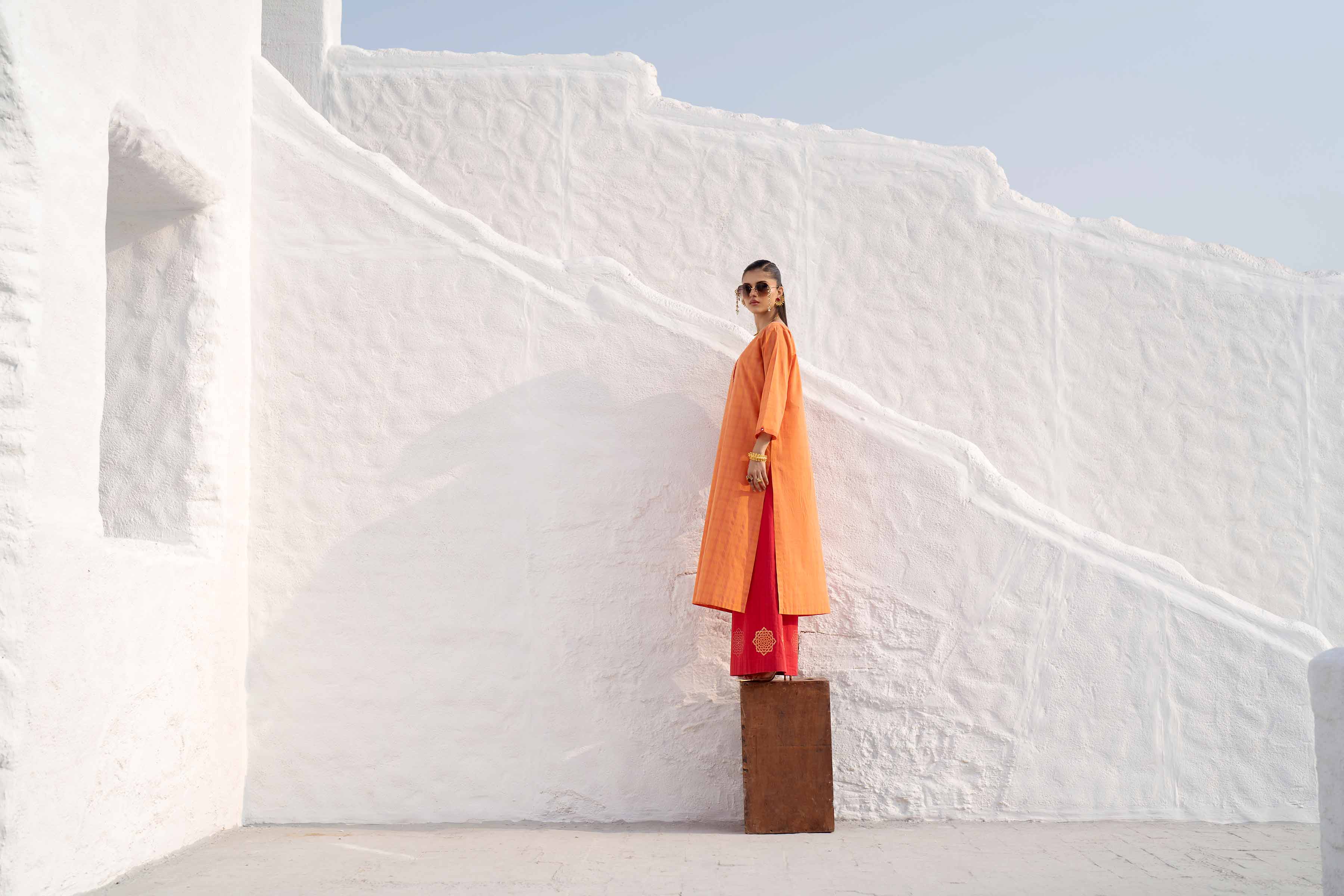 NishatUK - Orange Embroidered   Yarn Dyed 2-piece ready to wear Luxury Dress