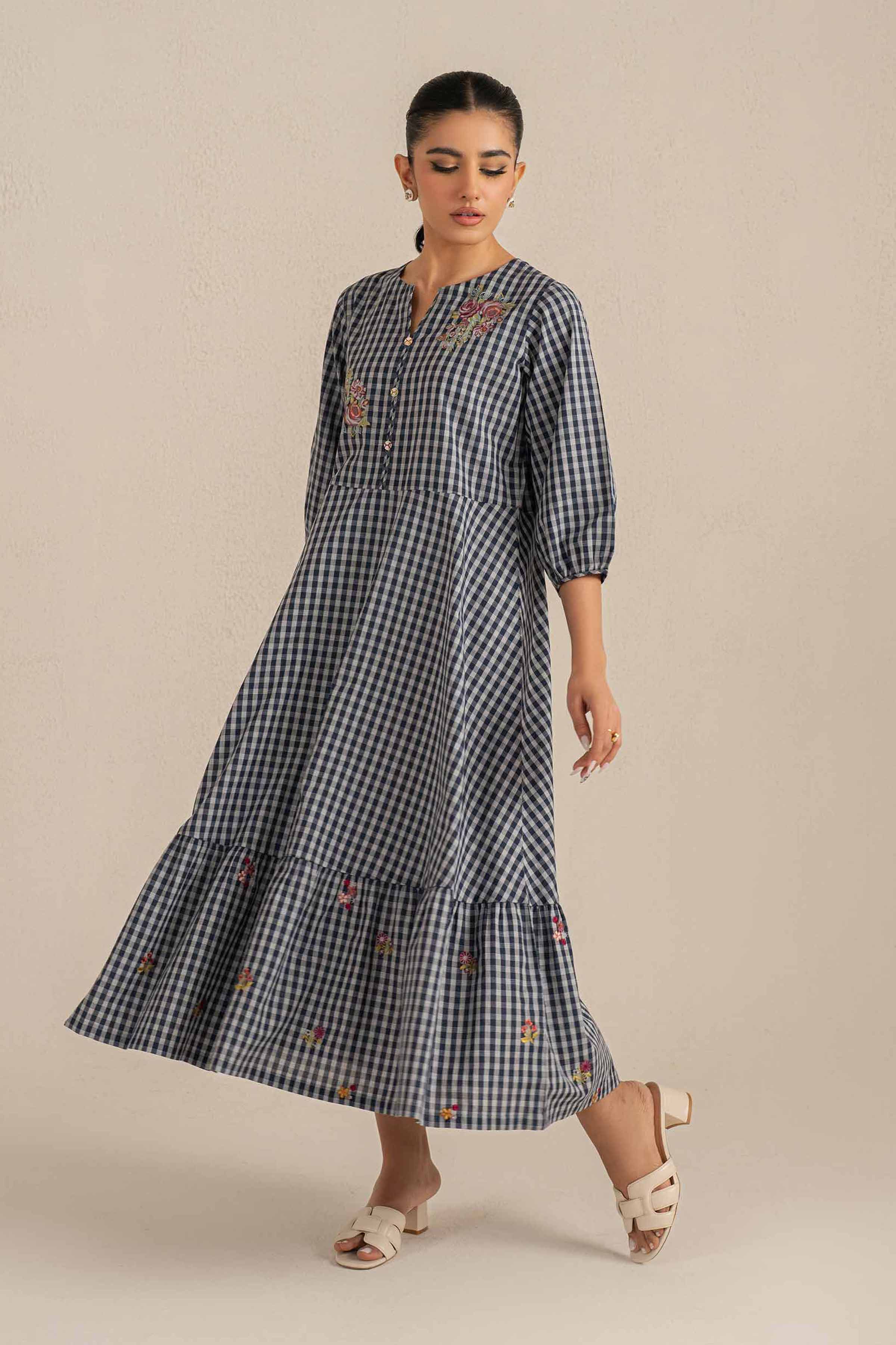 NishatUK - Blue Embroidered   Yarn Dyed 1-piece ready to wear Long Dress
