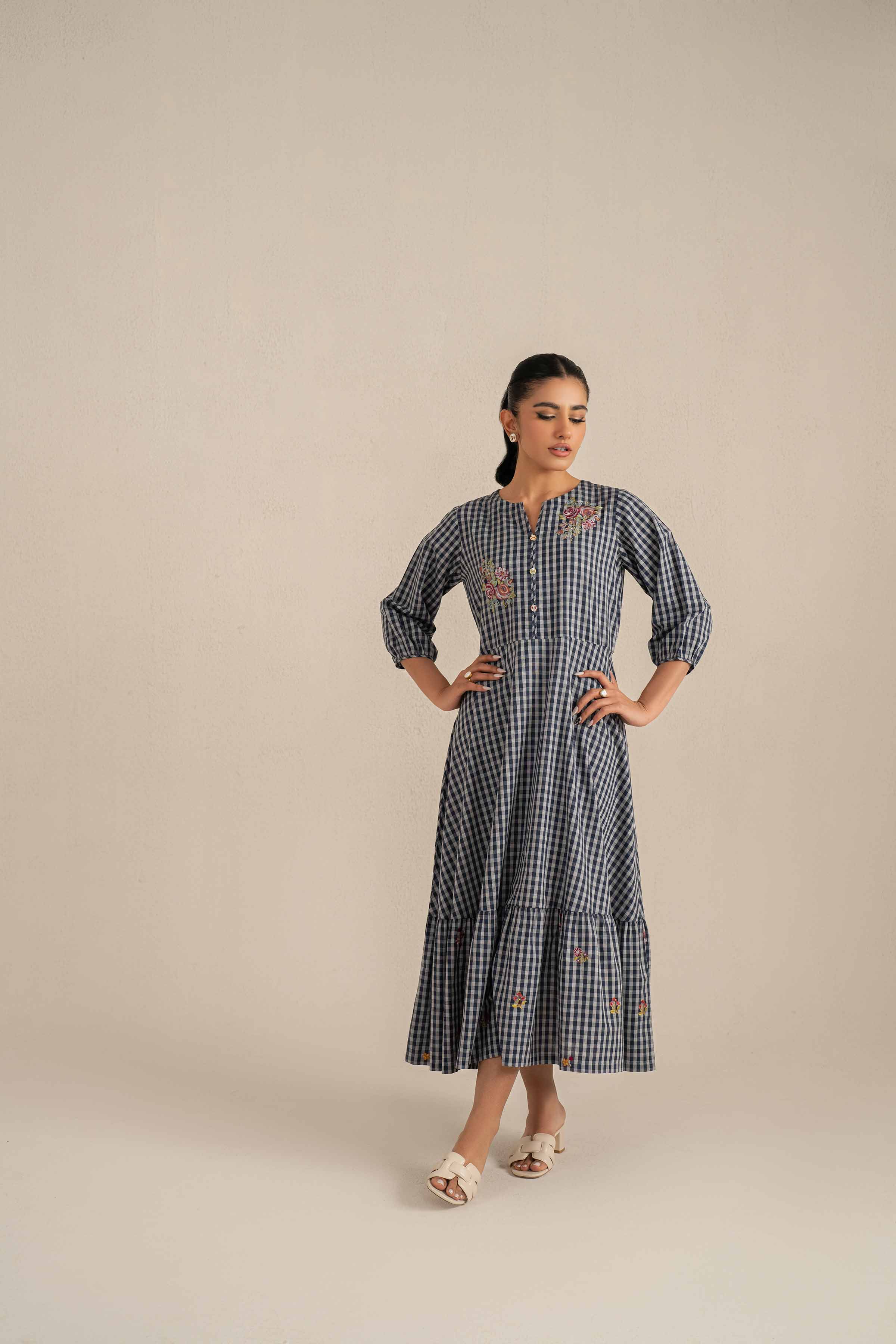 NishatUK - Blue Embroidered   Yarn Dyed 1-piece ready to wear Long Dress