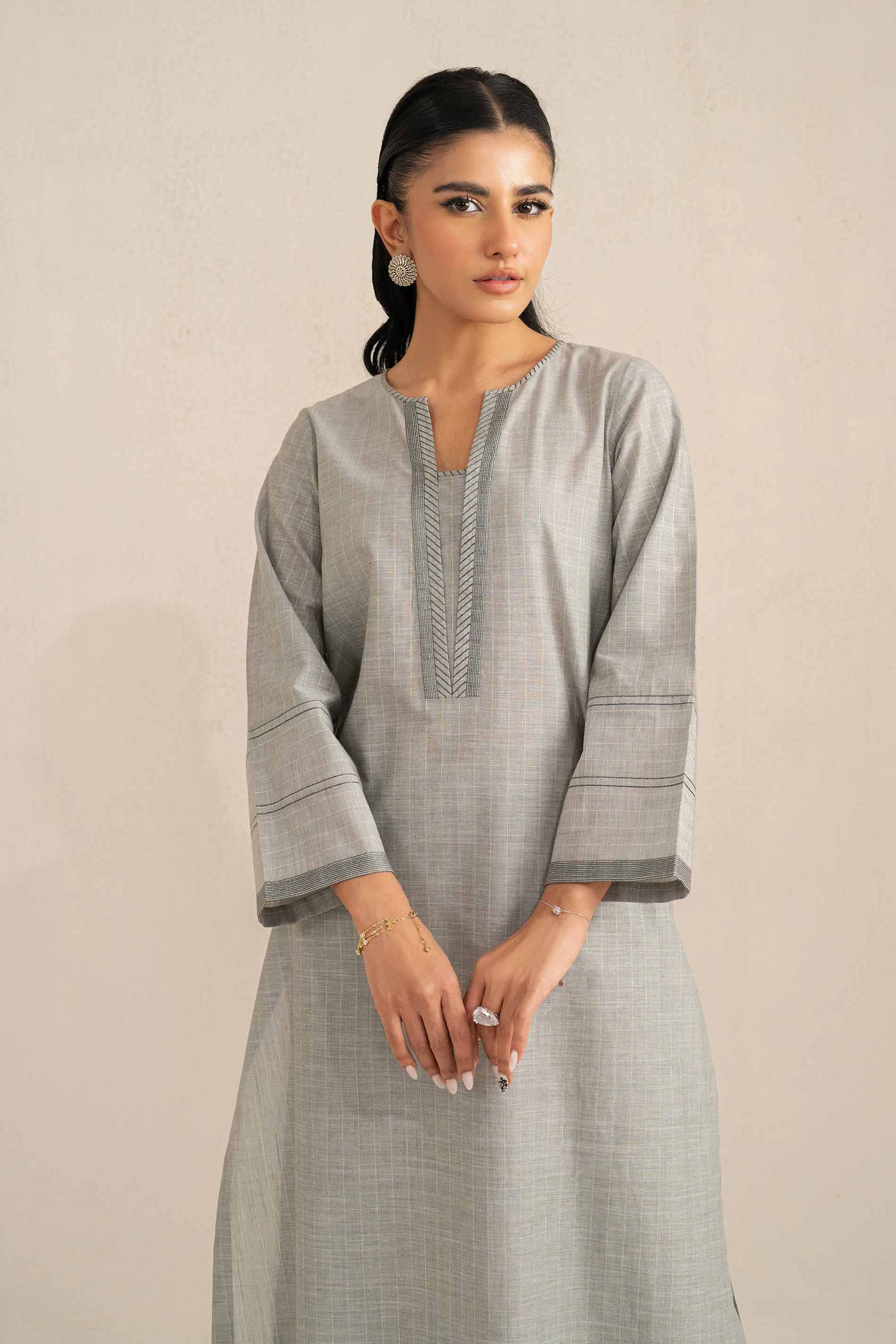 NishatUK - Grey Embroidered   Yarn Dyed 2-piece ready to wear Luxury Dress