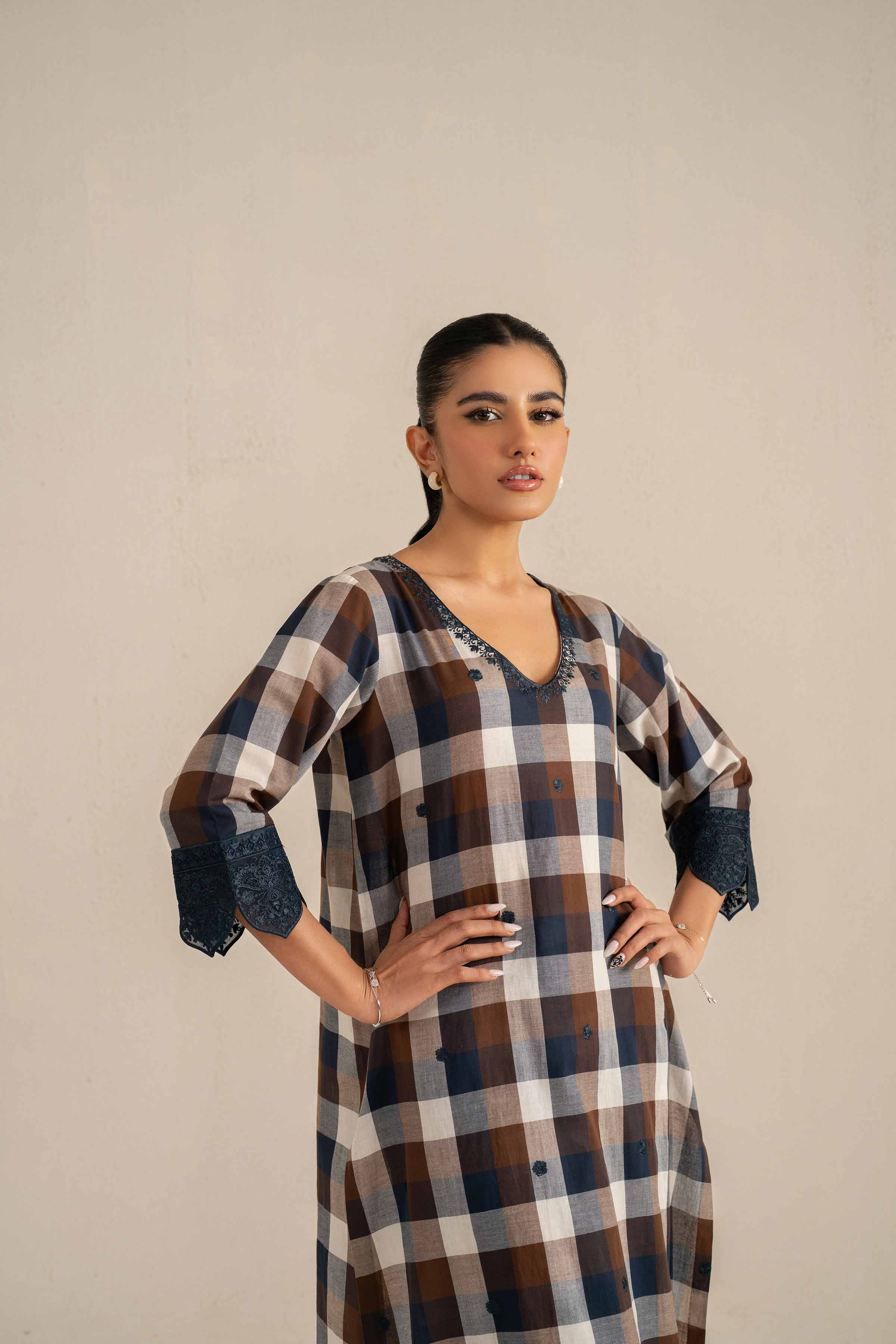 NishatUK - Brown Embroidered   Chambray Cotton 2-piece ready to wear Luxury Dress