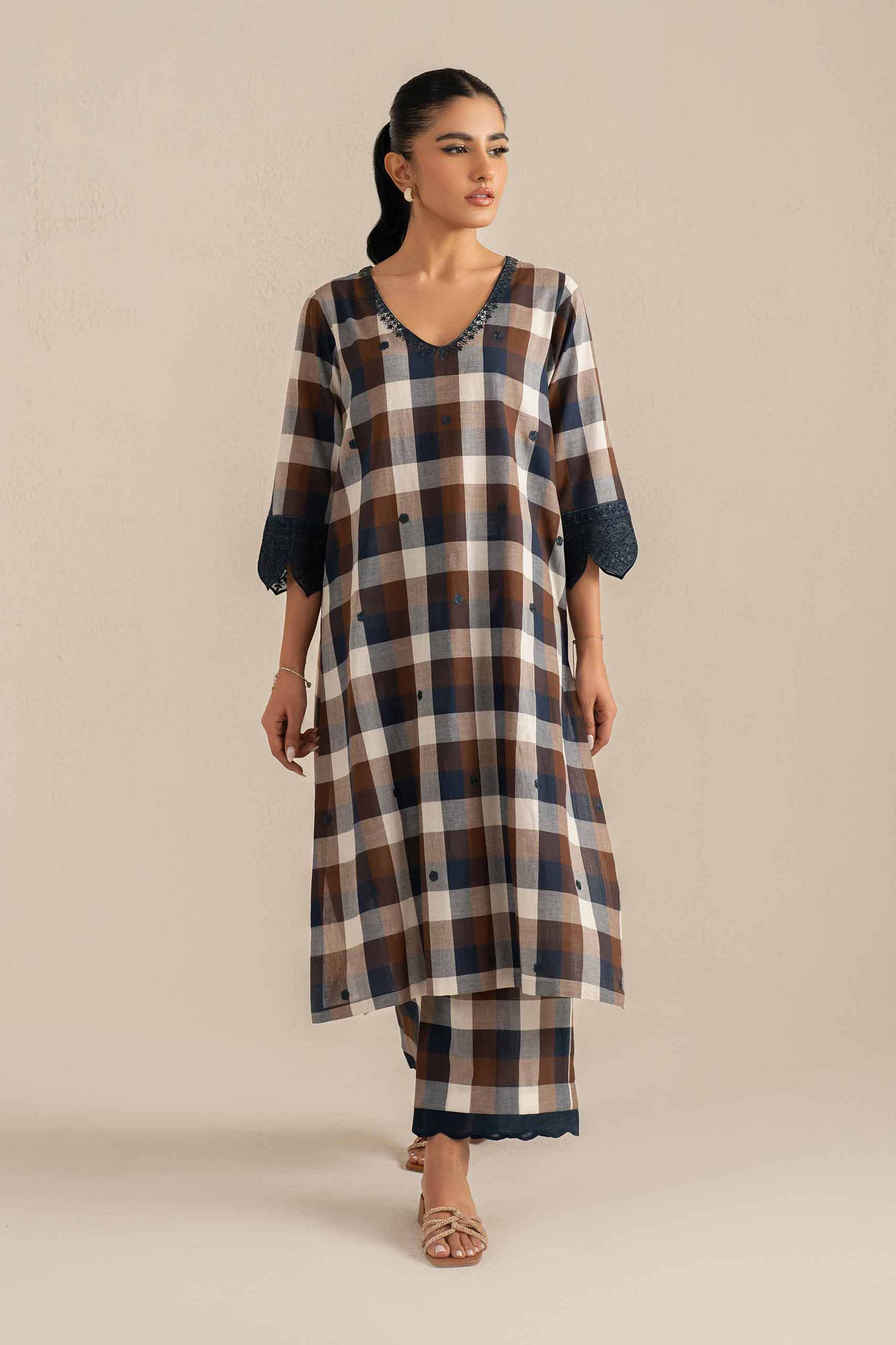 NishatUK - Brown Embroidered   Chambray Cotton 2-piece ready to wear Luxury Dress