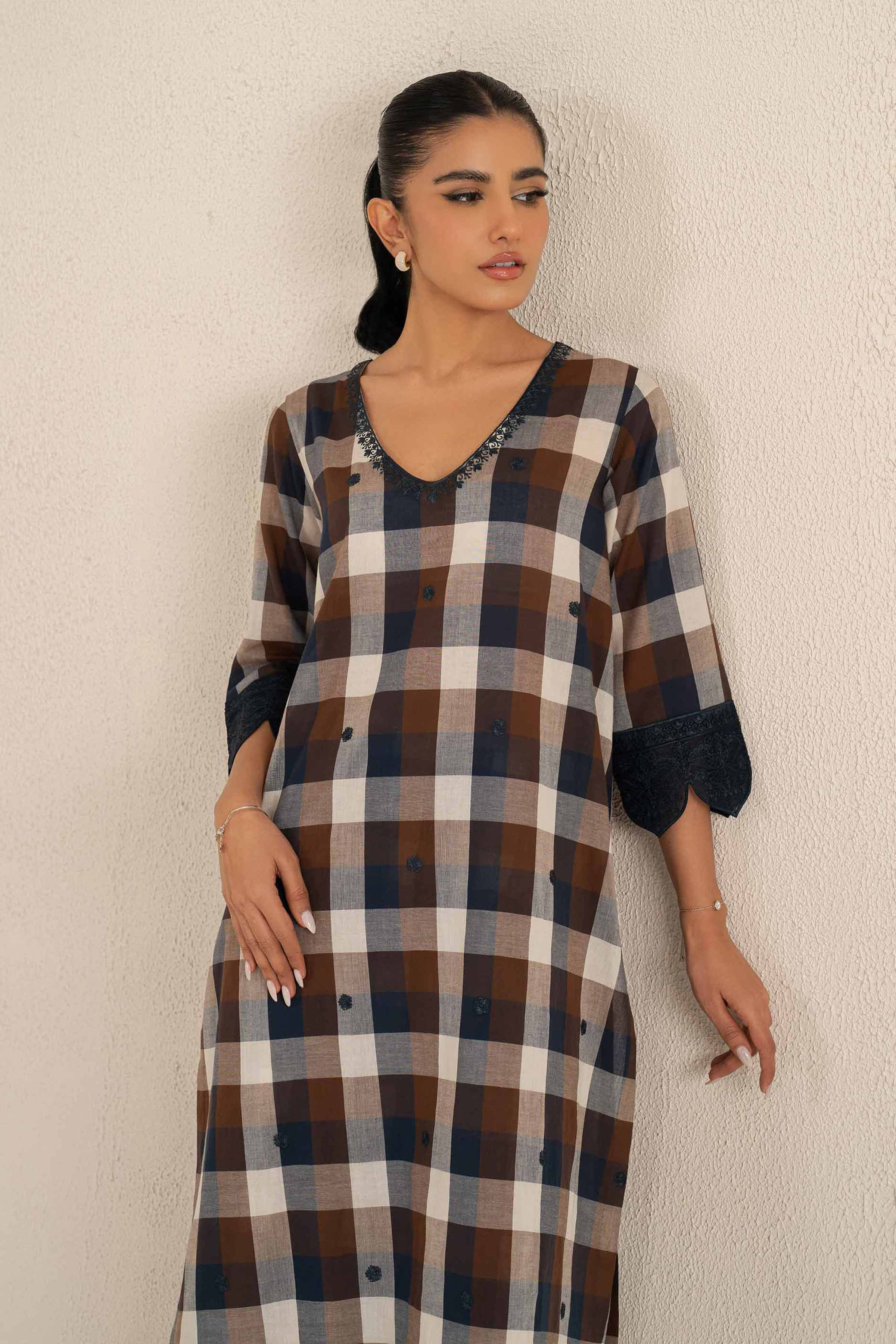 NishatUK - Brown Embroidered   Chambray Cotton 2-piece ready to wear Luxury Dress