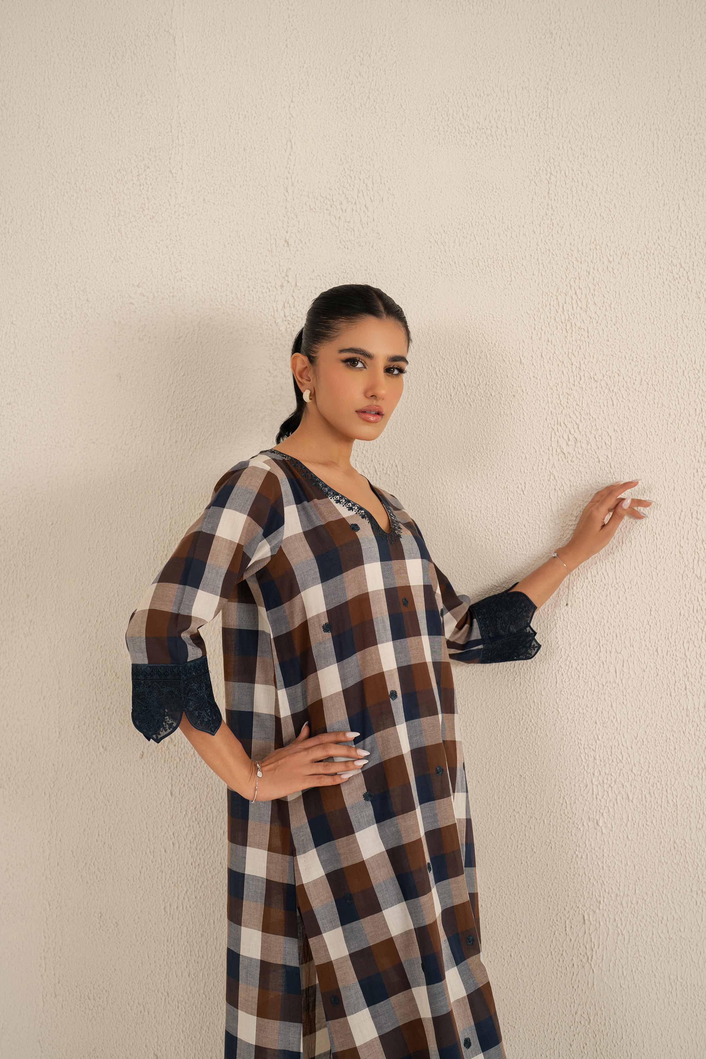 NishatUK - Brown Embroidered   Chambray Cotton 2-piece ready to wear Luxury Dress